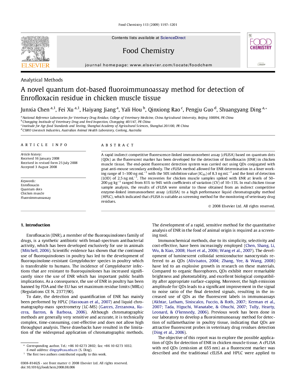 A novel quantum dot-based fluoroimmunoassay method for detection of Enrofloxacin residue in chicken muscle tissue