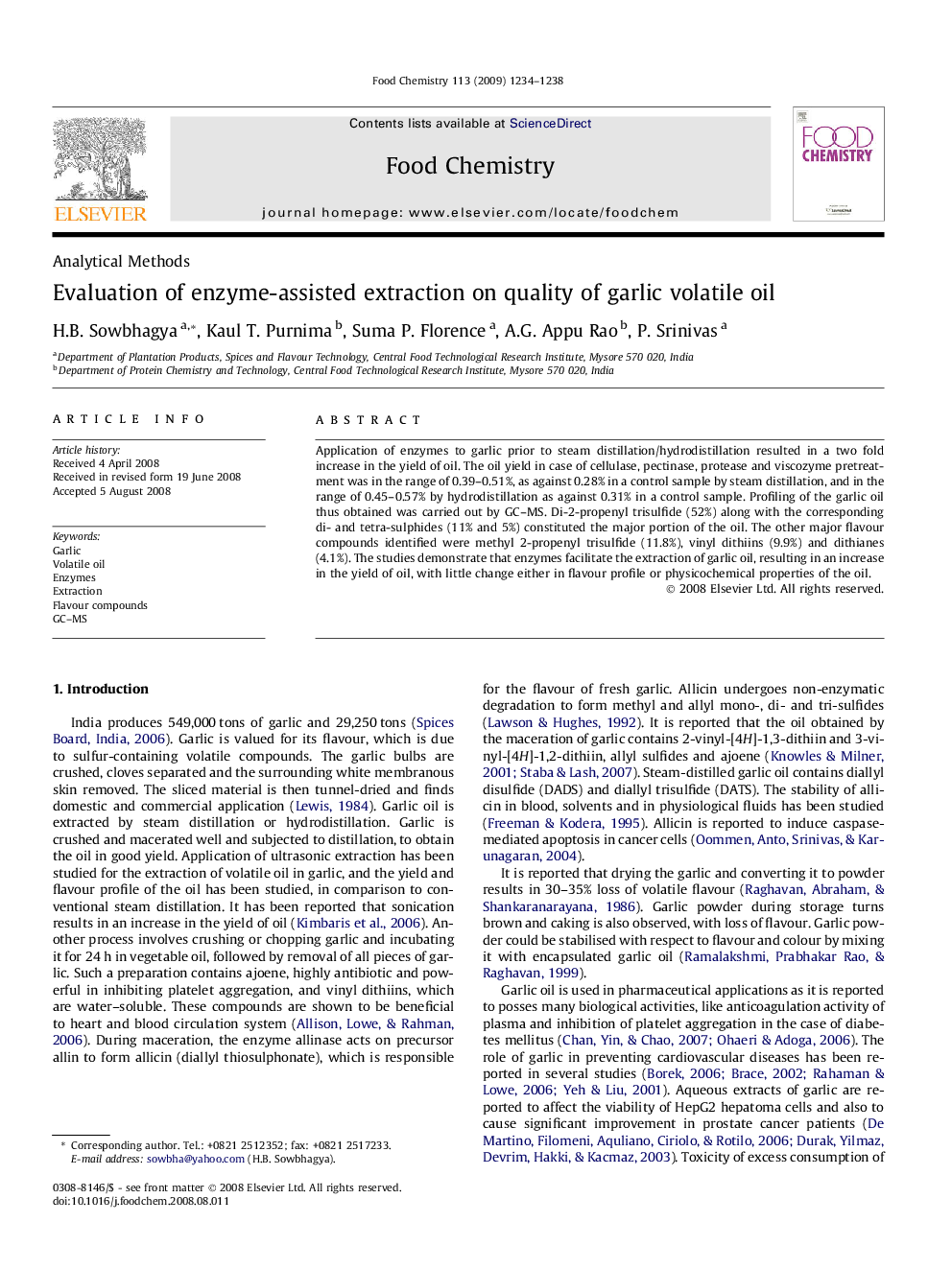 Evaluation of enzyme-assisted extraction on quality of garlic volatile oil