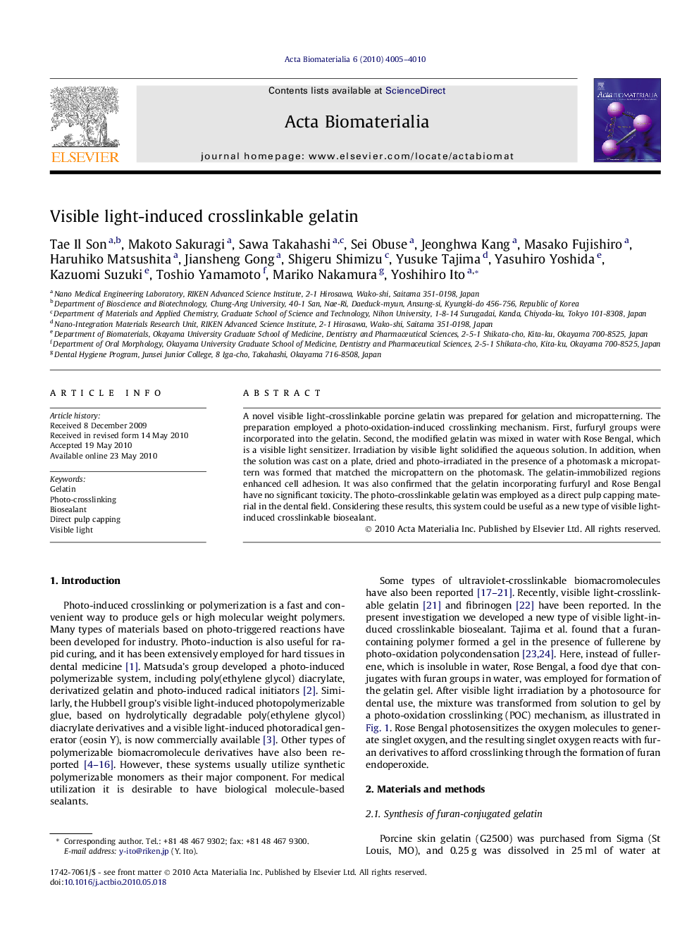 Visible light-induced crosslinkable gelatin