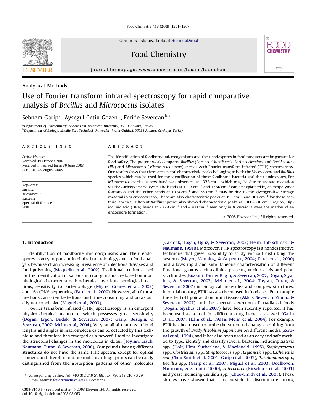 Use of Fourier transform infrared spectroscopy for rapid comparative analysis of Bacillus and Micrococcus isolates