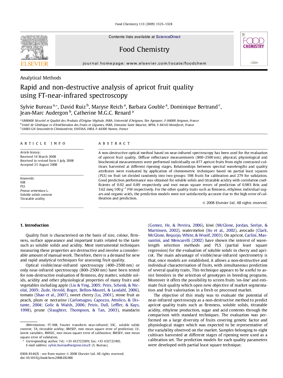 Rapid and non-destructive analysis of apricot fruit quality using FT-near-infrared spectroscopy