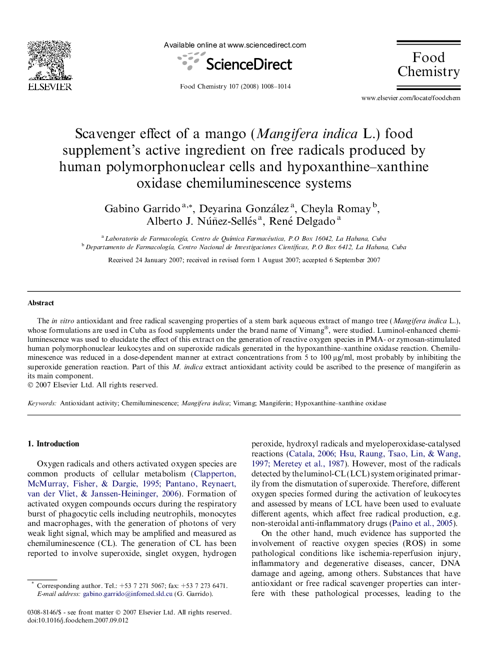 Scavenger effect of a mango (Mangifera indica L.) food supplement’s active ingredient on free radicals produced by human polymorphonuclear cells and hypoxanthine–xanthine oxidase chemiluminescence systems