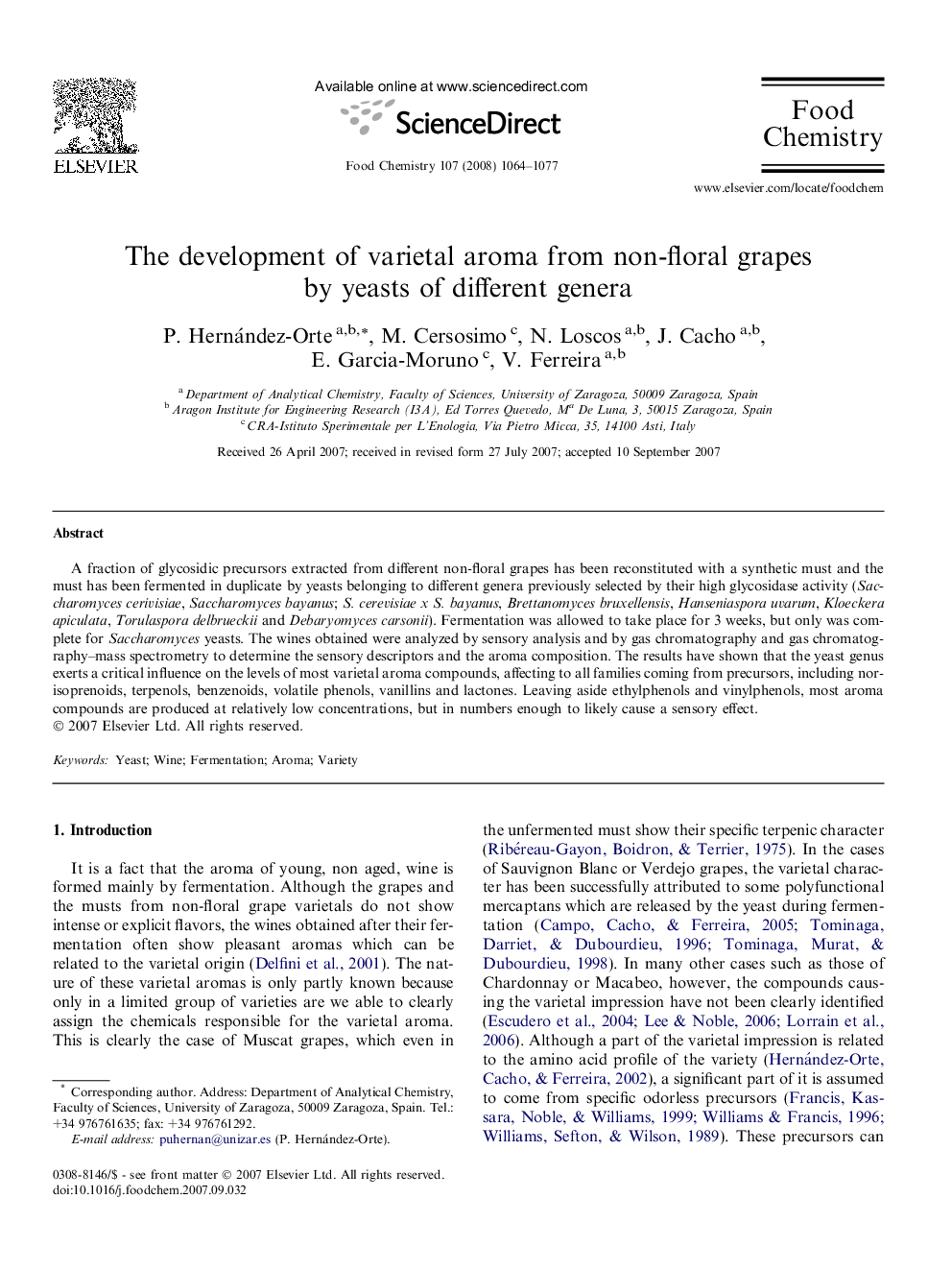 The development of varietal aroma from non-floral grapes by yeasts of different genera