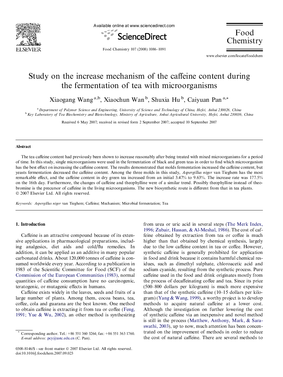 Study on the increase mechanism of the caffeine content during the fermentation of tea with microorganisms