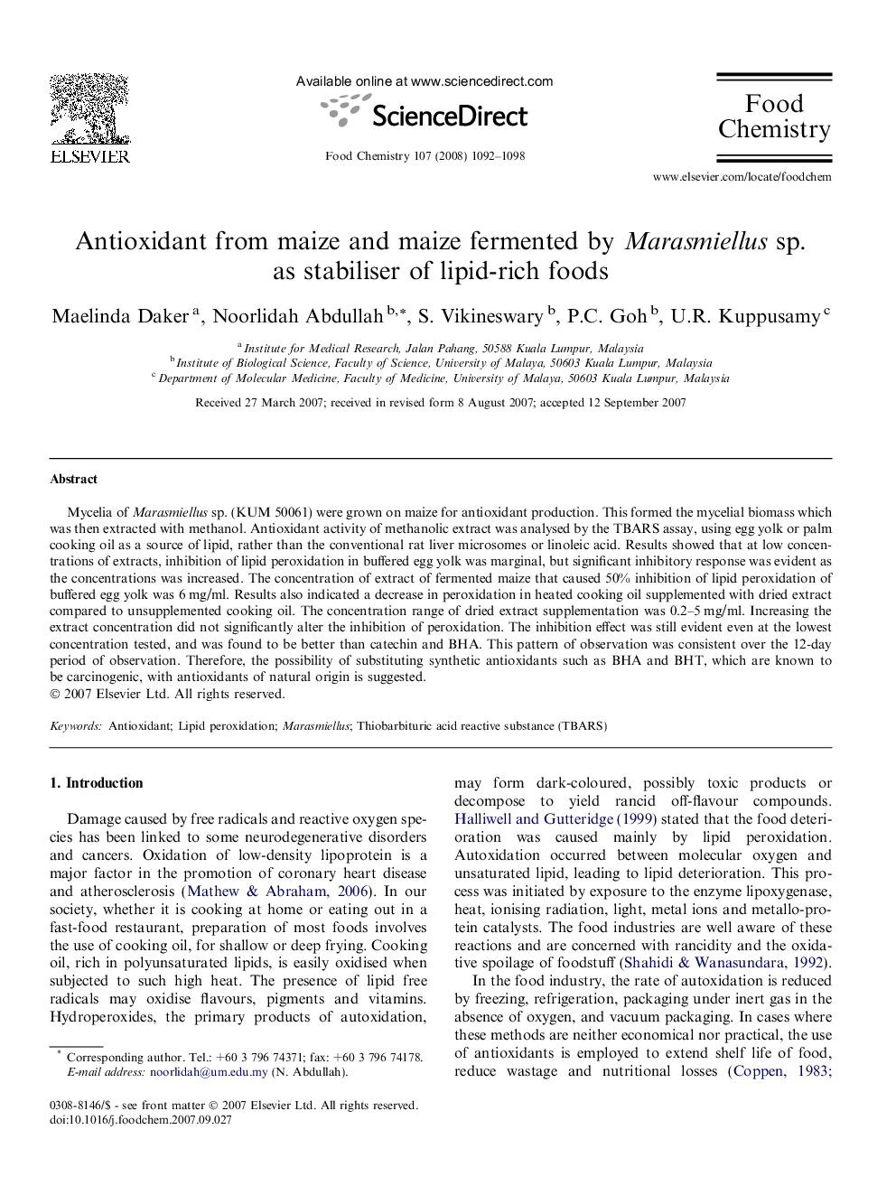 Antioxidant from maize and maize fermented by Marasmiellus sp. as stabiliser of lipid-rich foods