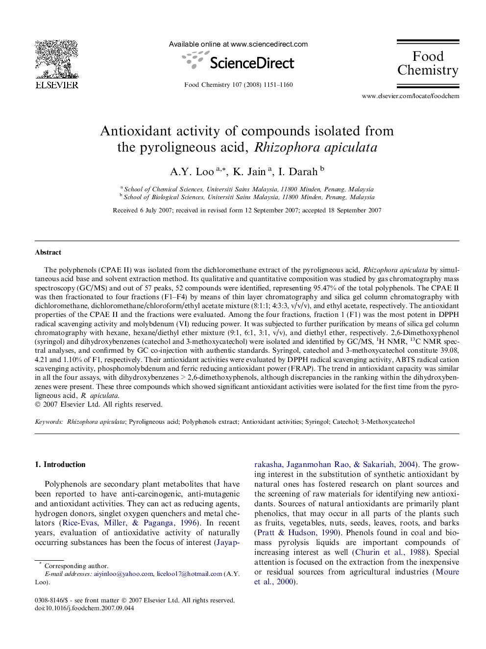 عکس صفحه اول مقاله: Antioxidant activity of compounds isolated from the pyroligneous acid, Rhizophora apiculata Antioxidant activity of compounds isolated from the pyroligneous acid, Rhizophora apiculata