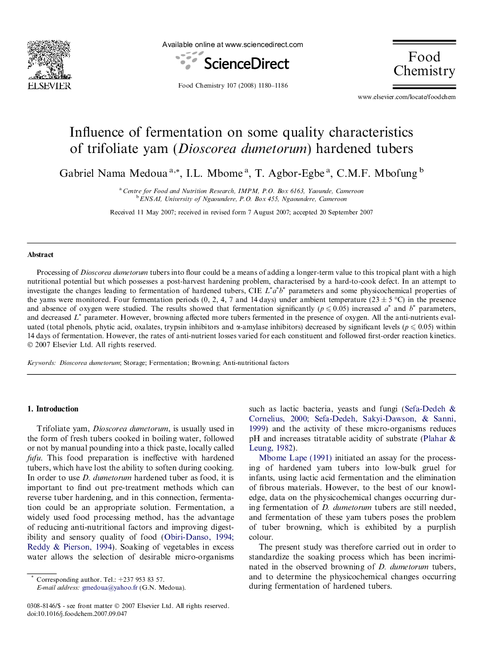 Influence of fermentation on some quality characteristics of trifoliate yam (Dioscorea dumetorum) hardened tubers