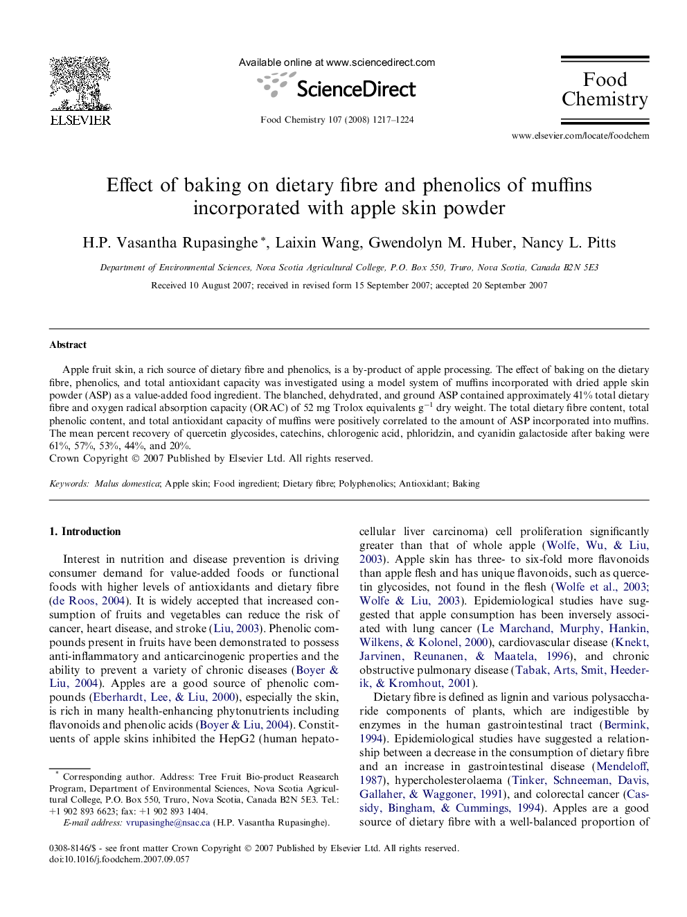 Effect of baking on dietary fibre and phenolics of muffins incorporated with apple skin powder