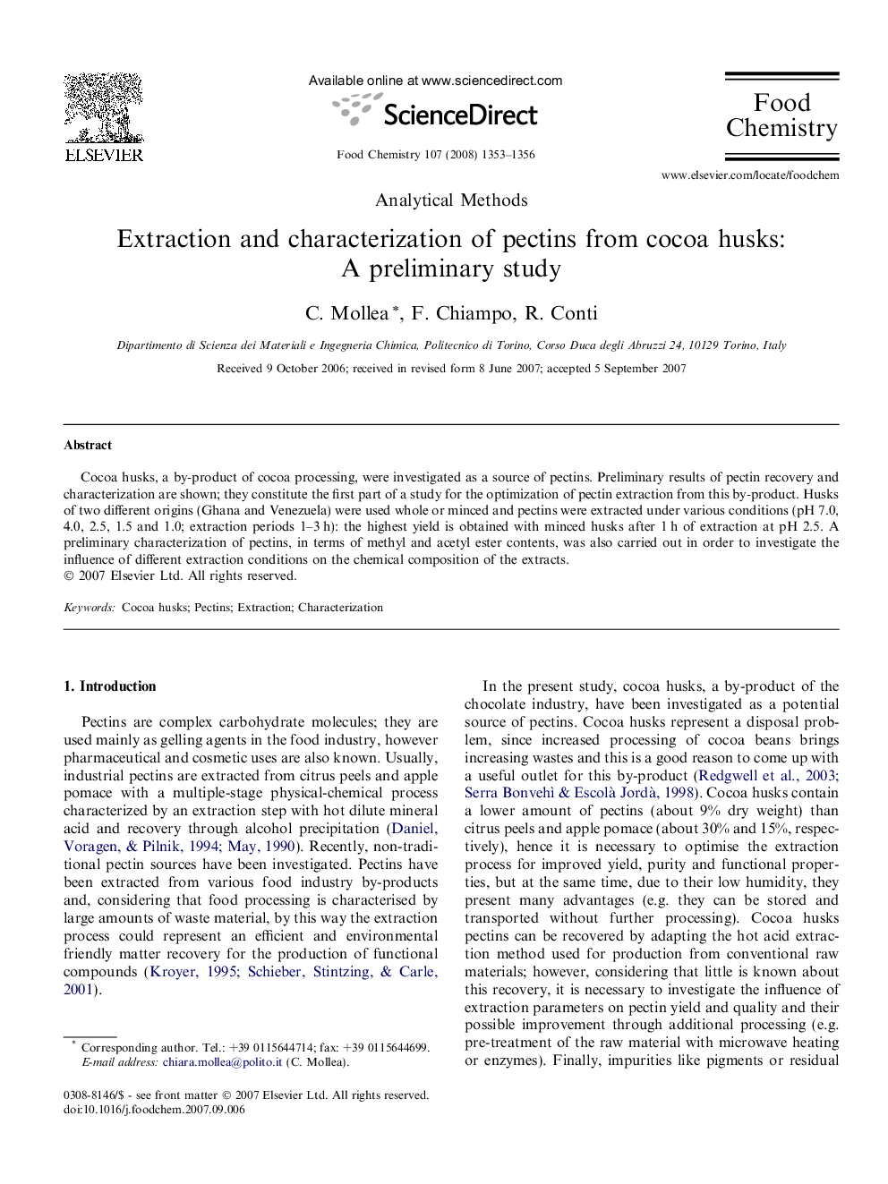 Extraction and characterization of pectins from cocoa husks: A preliminary study