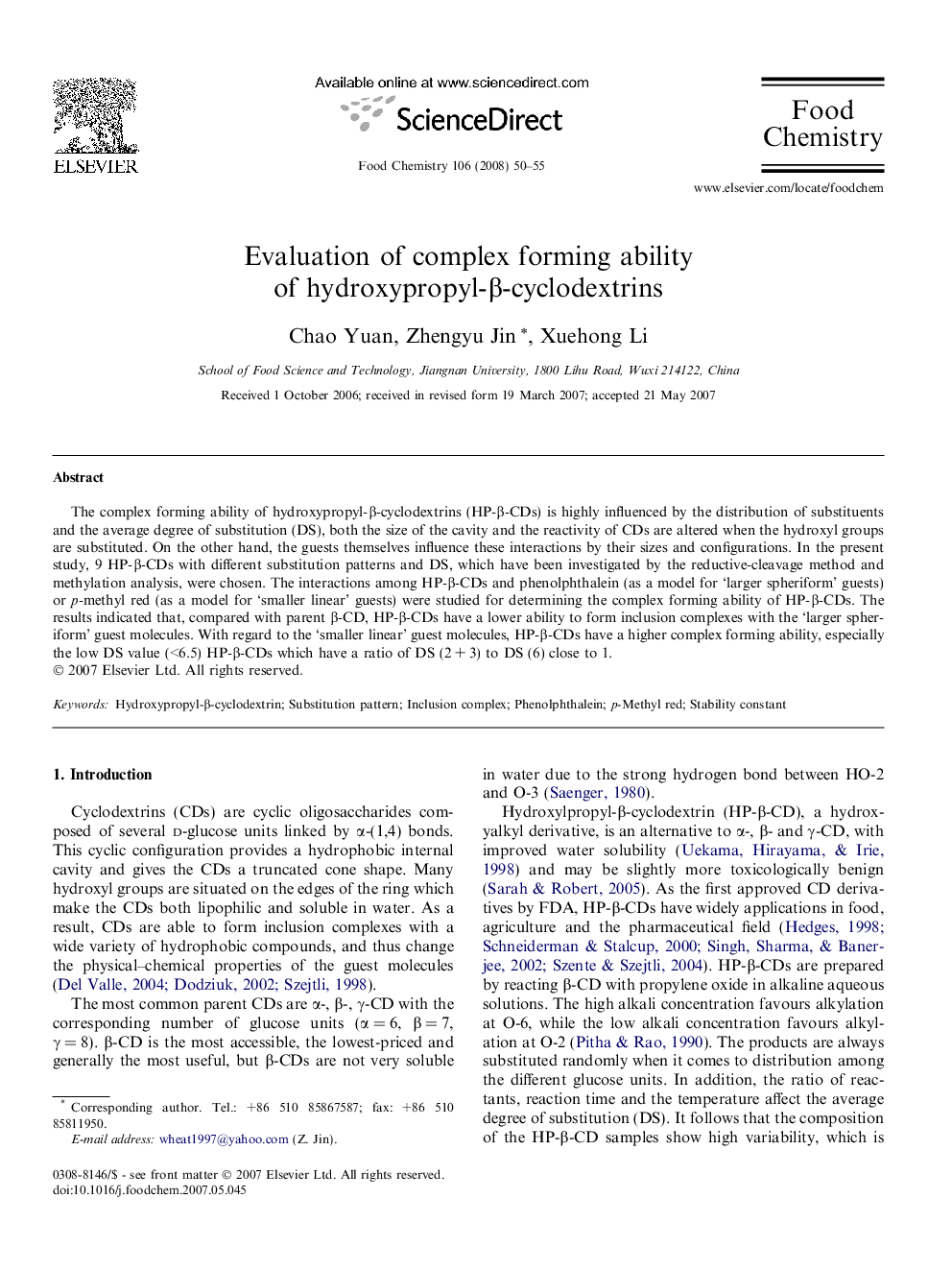 Evaluation of complex forming ability of hydroxypropyl-β-cyclodextrins