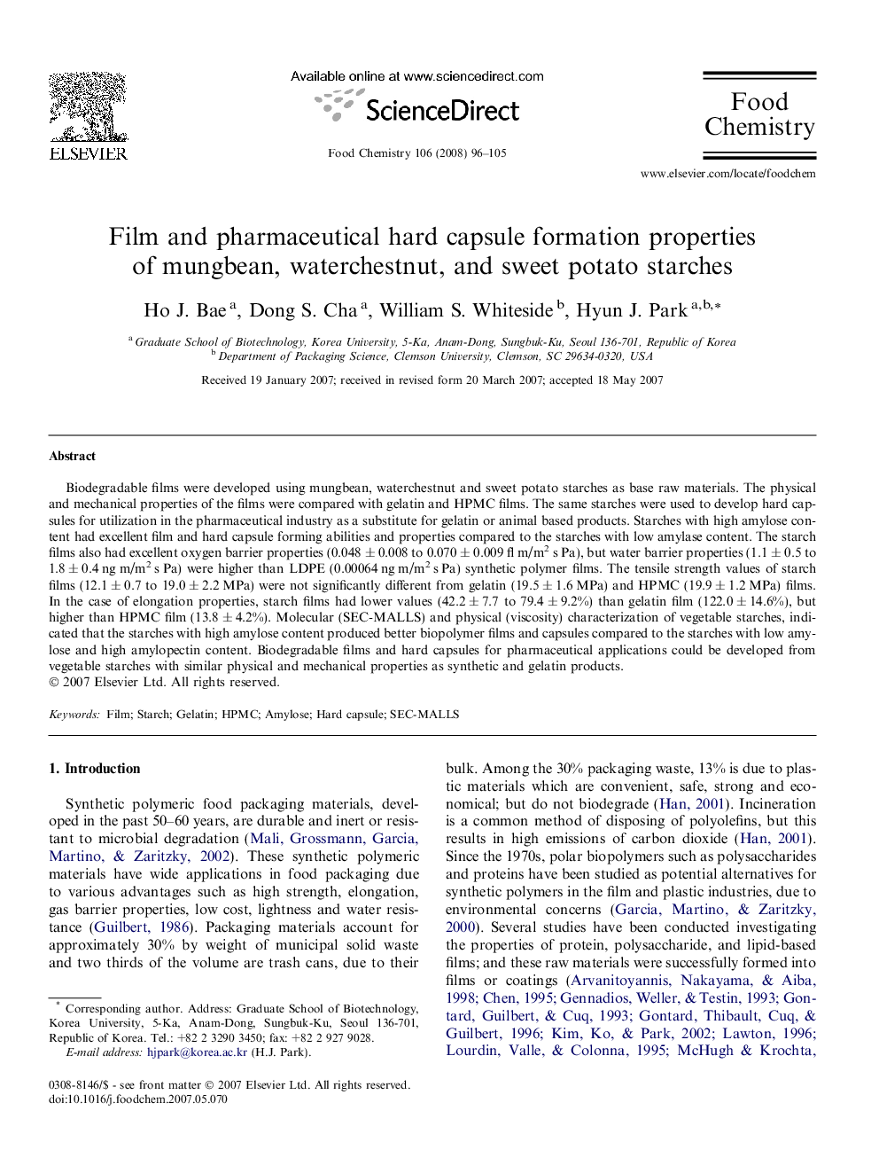 Film and pharmaceutical hard capsule formation properties of mungbean, waterchestnut, and sweet potato starches