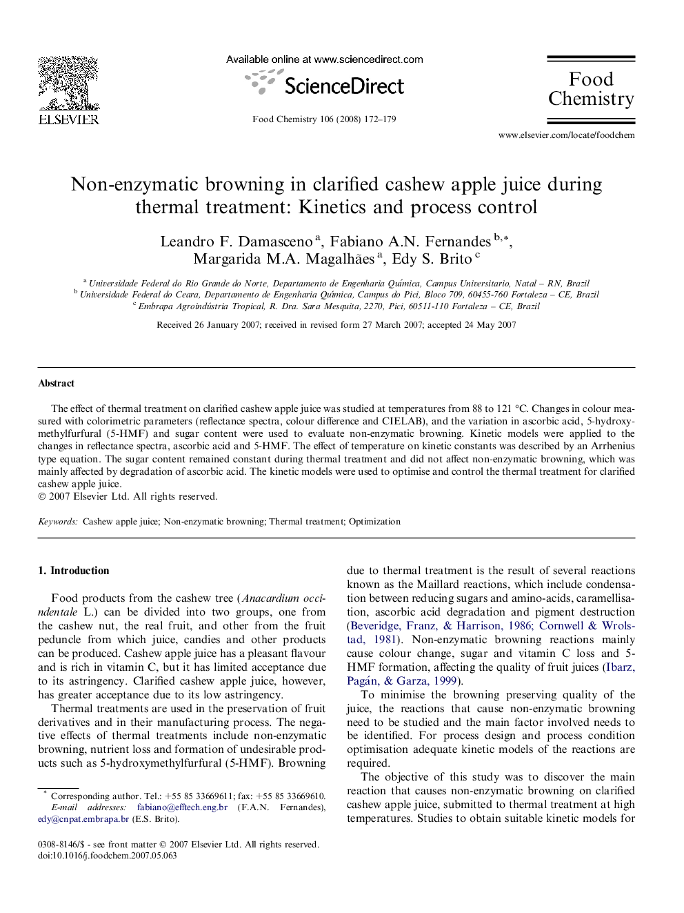 Non-enzymatic browning in clarified cashew apple juice during thermal treatment: Kinetics and process control