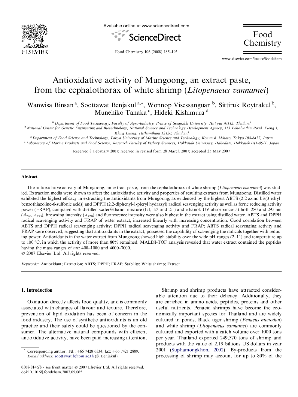 Antioxidative activity of Mungoong, an extract paste, from the cephalothorax of white shrimp (Litopenaeus vannamei)