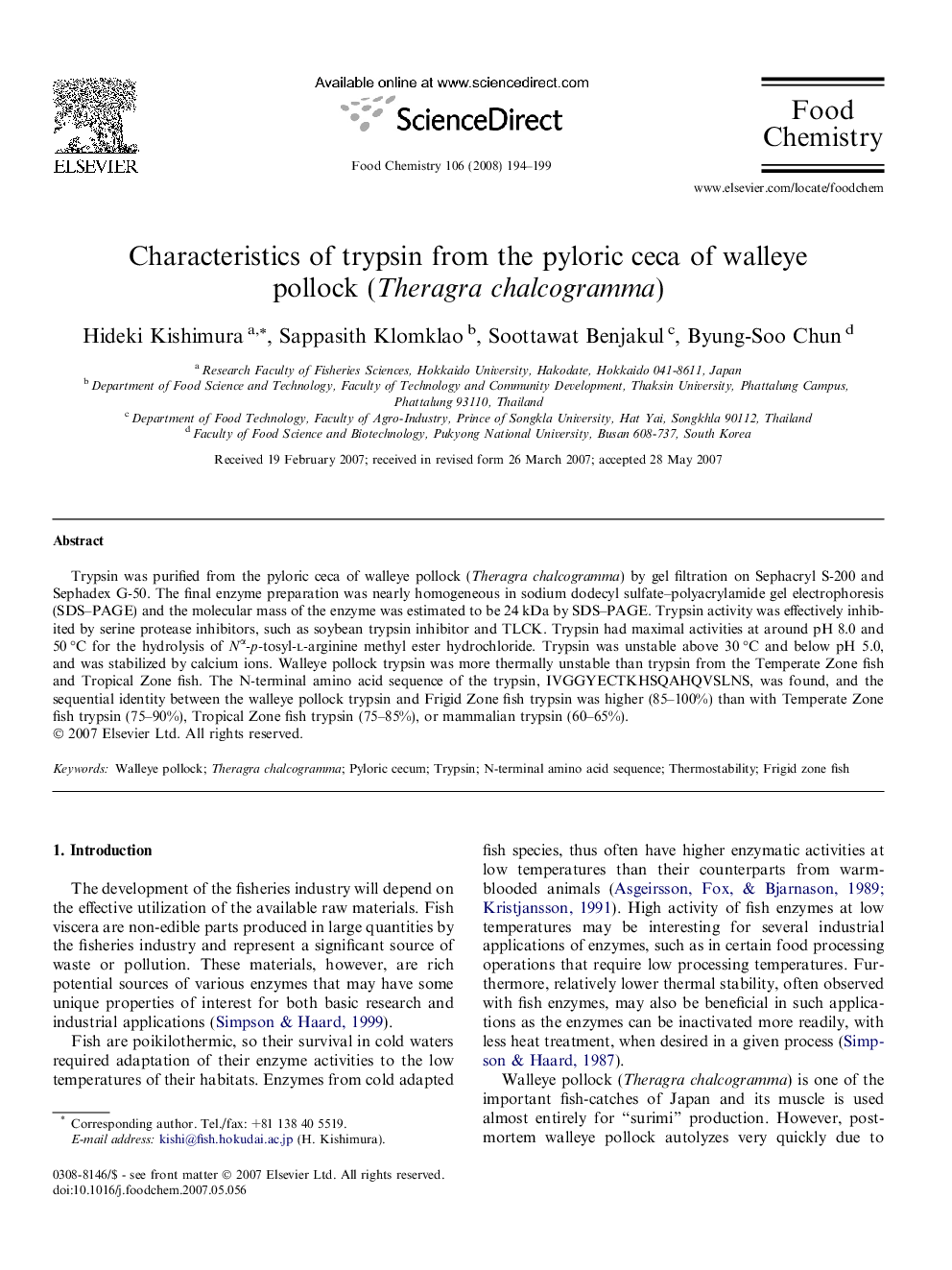 Characteristics of trypsin from the pyloric ceca of walleye pollock (Theragra chalcogramma)