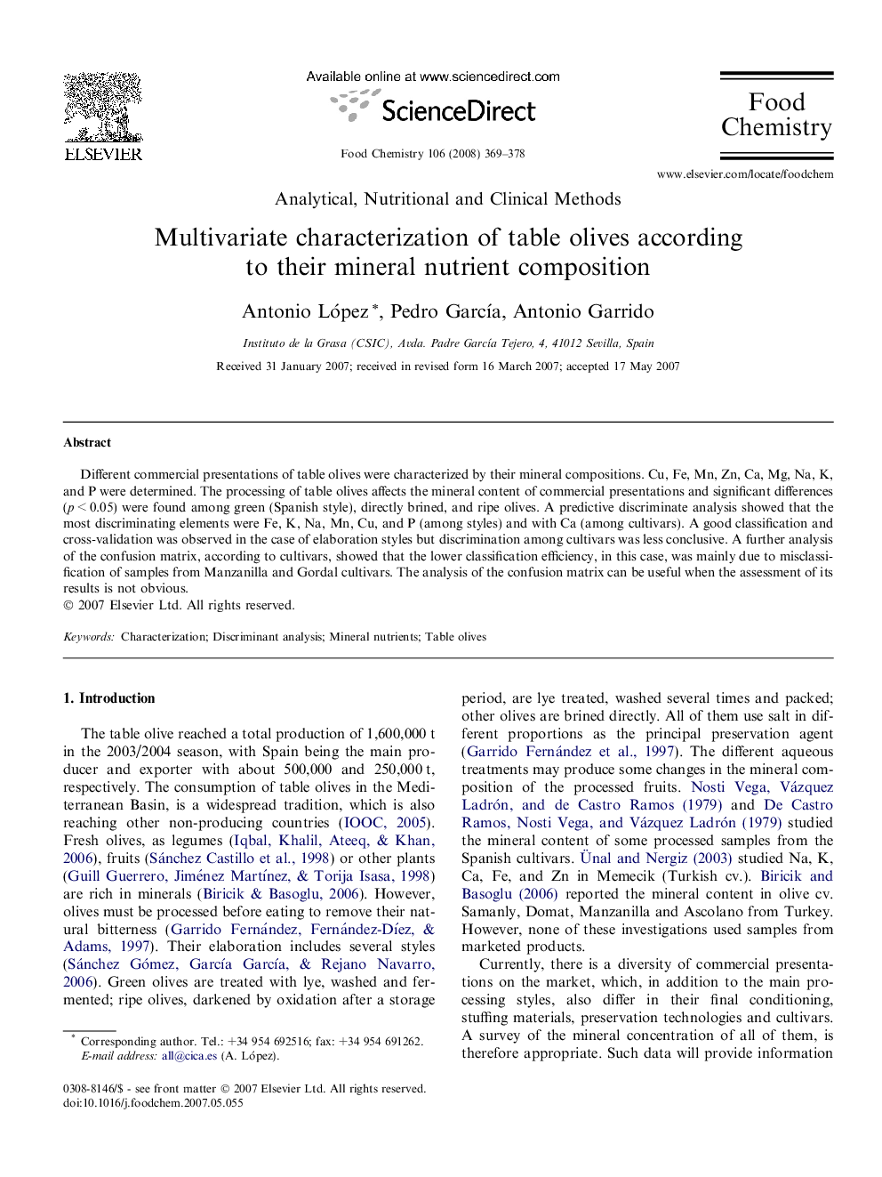 Multivariate characterization of table olives according to their mineral nutrient composition