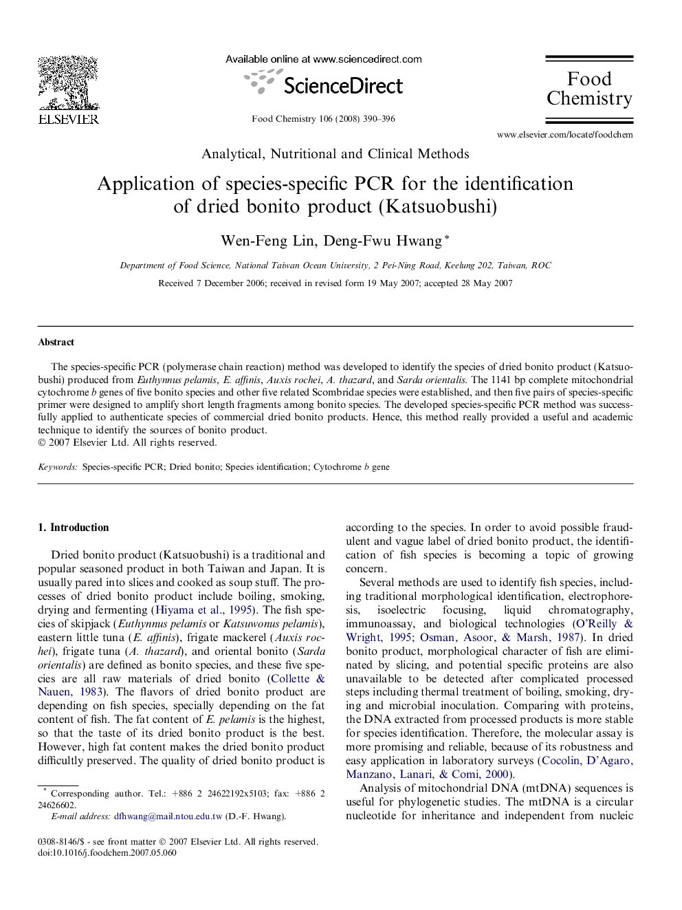 Application of species-specific PCR for the identification of dried bonito product (Katsuobushi)