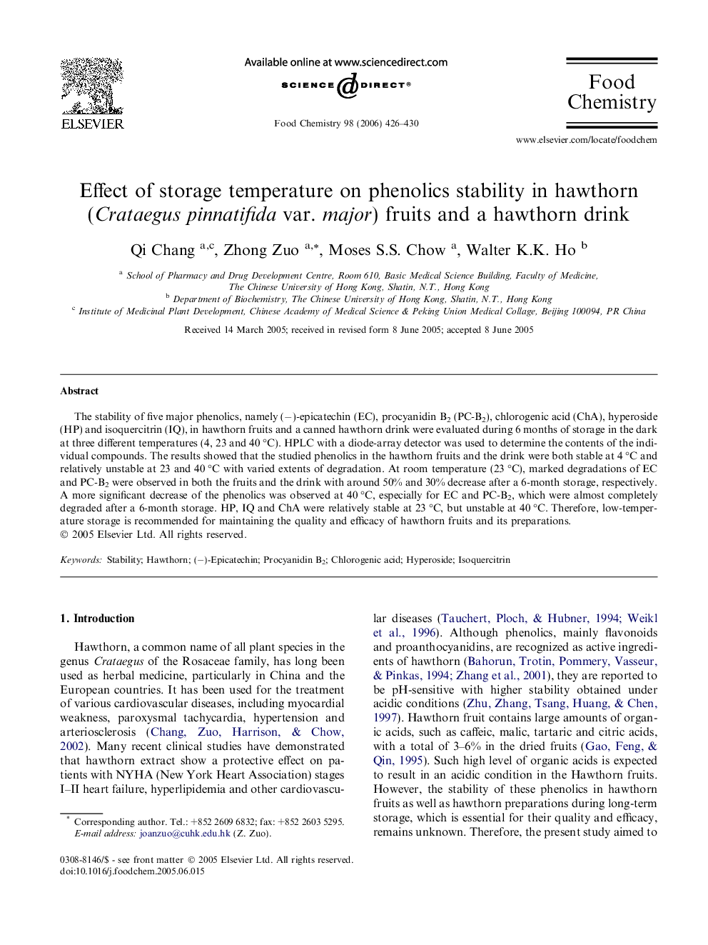 Effect of storage temperature on phenolics stability in hawthorn (Crataegus pinnatifida var. major) fruits and a hawthorn drink