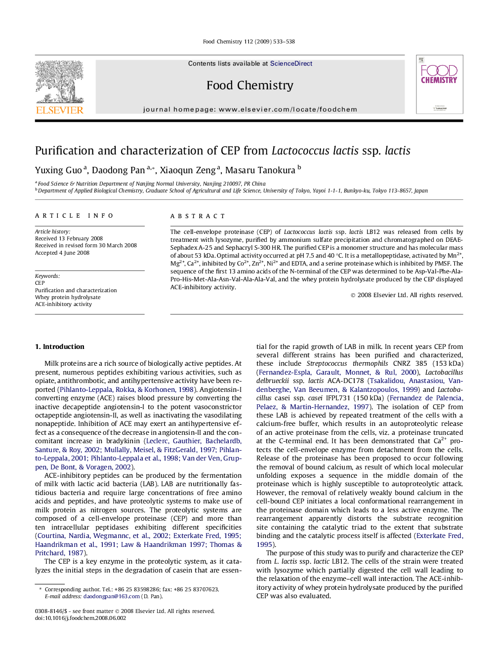 Purification and characterization of CEP from Lactococcus lactis ssp. lactis