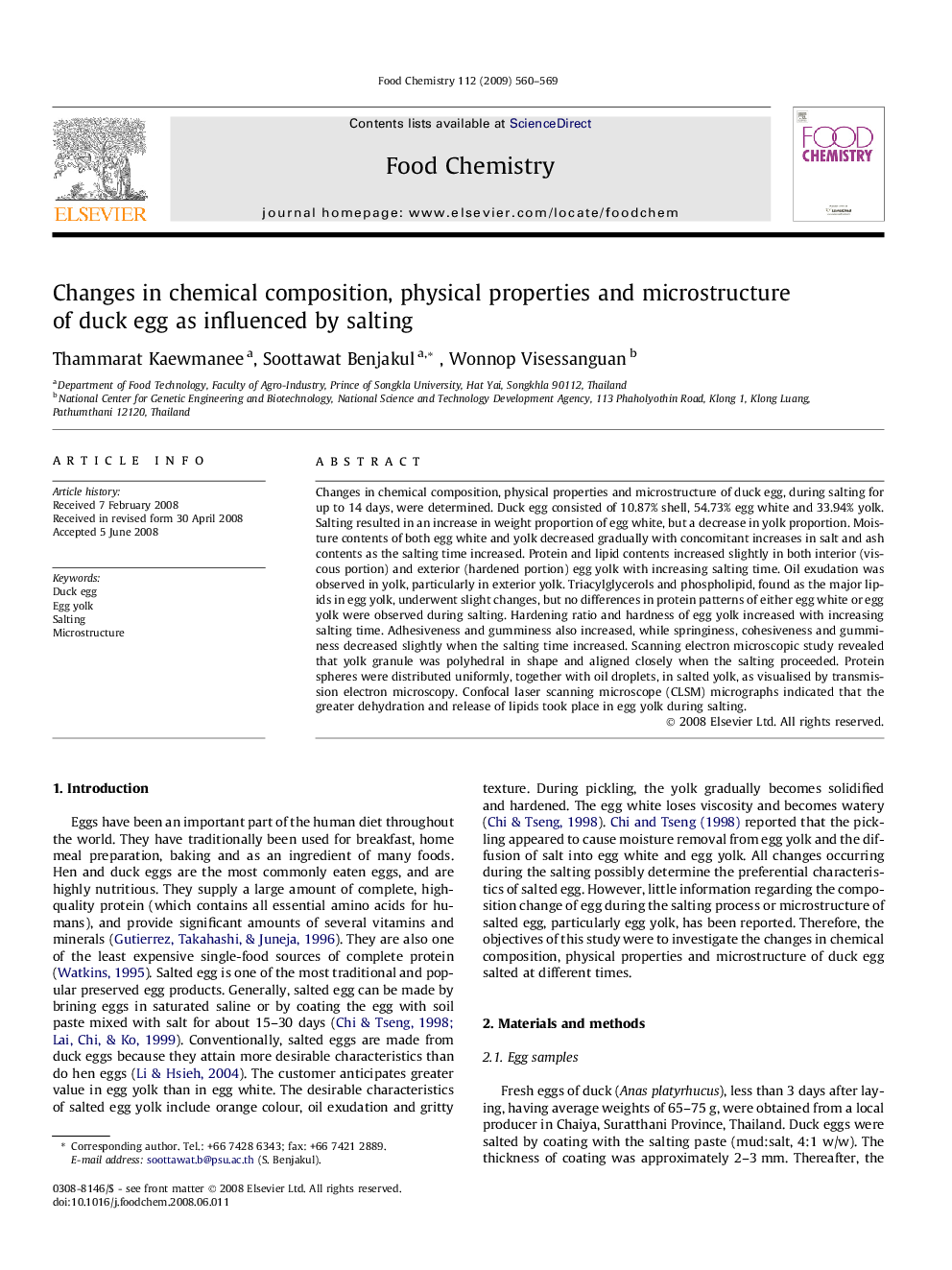 Changes in chemical composition, physical properties and microstructure of duck egg as influenced by salting