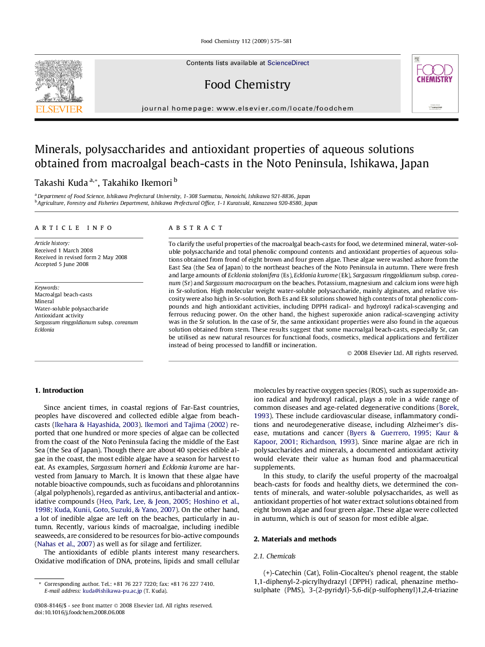 Minerals, polysaccharides and antioxidant properties of aqueous solutions obtained from macroalgal beach-casts in the Noto Peninsula, Ishikawa, Japan