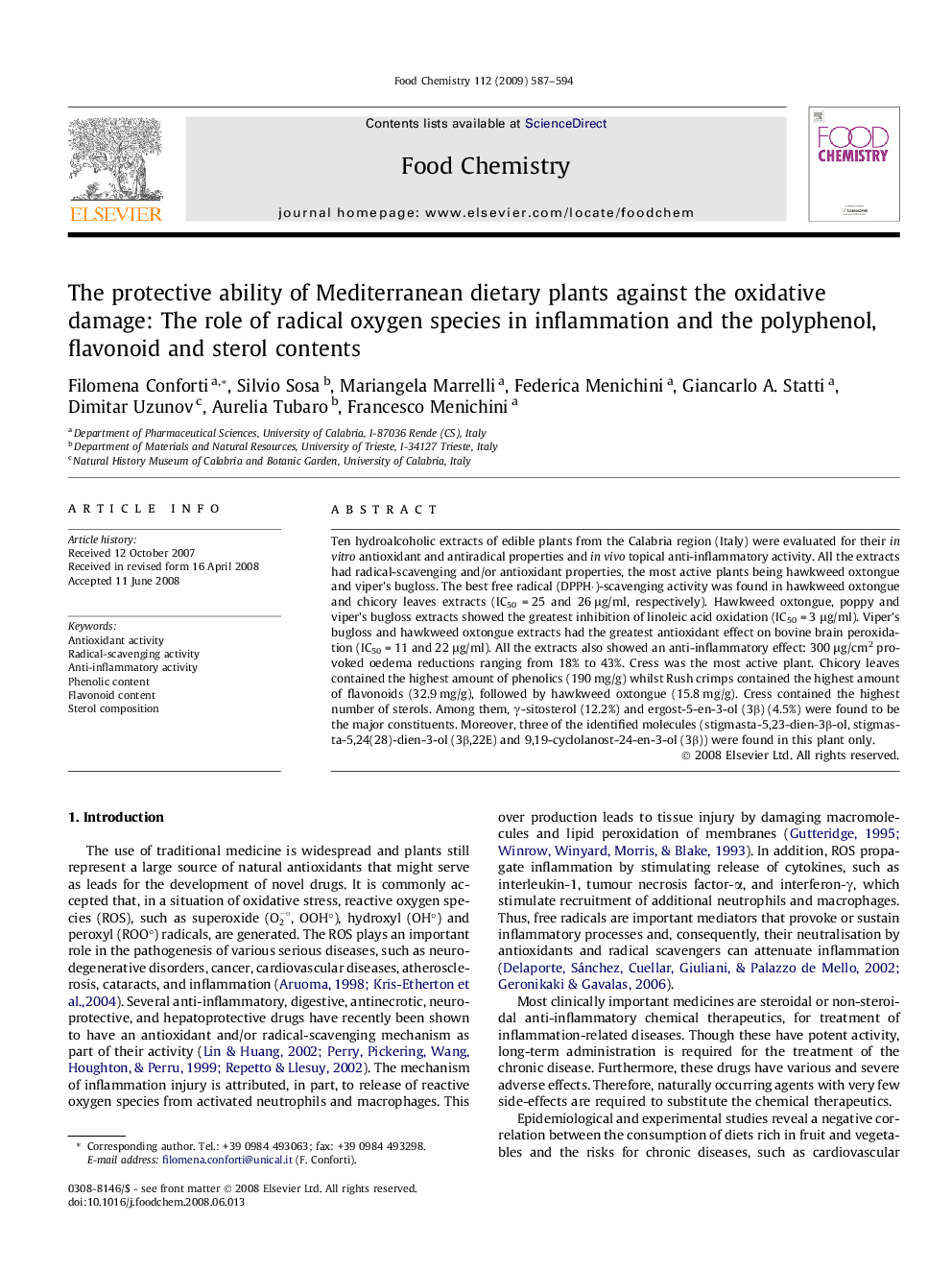 The protective ability of Mediterranean dietary plants against the oxidative damage: The role of radical oxygen species in inflammation and the polyphenol, flavonoid and sterol contents