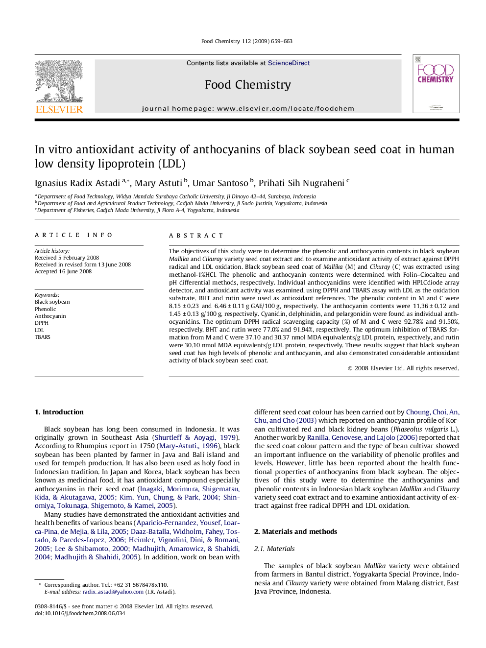 In vitro antioxidant activity of anthocyanins of black soybean seed coat in human low density lipoprotein (LDL)