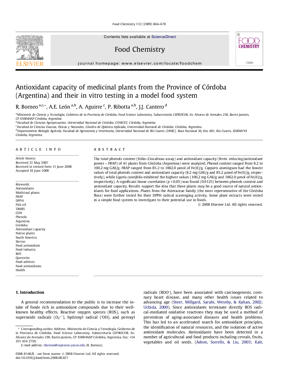 Antioxidant capacity of medicinal plants from the Province of Córdoba (Argentina) and their in vitro testing in a model food system