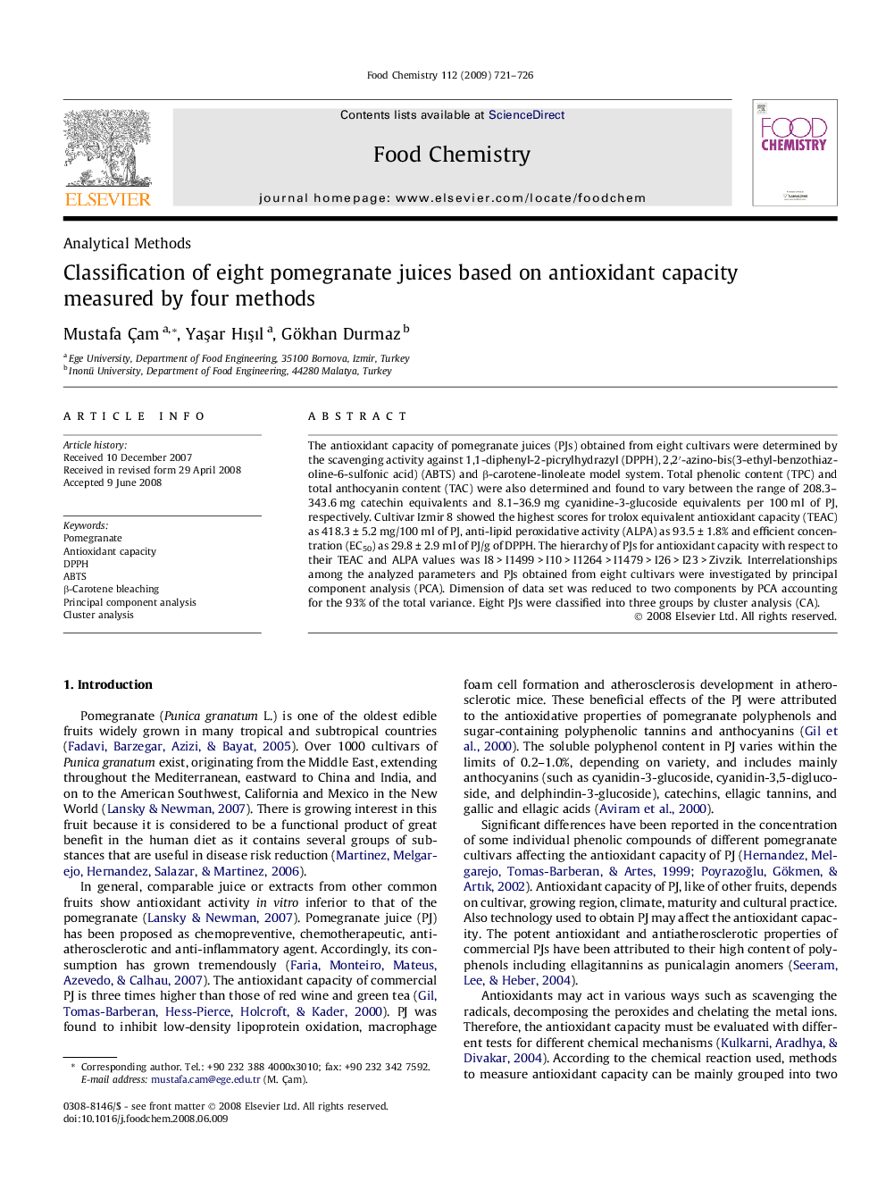 Classification of eight pomegranate juices based on antioxidant capacity measured by four methods