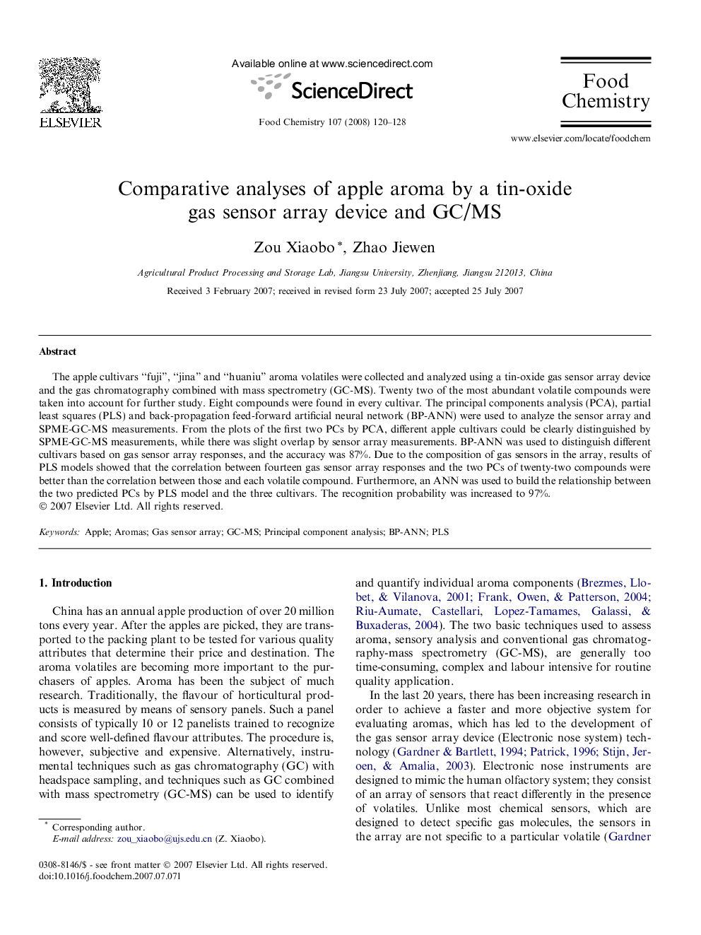 Comparative analyses of apple aroma by a tin-oxide gas sensor array device and GC/MS