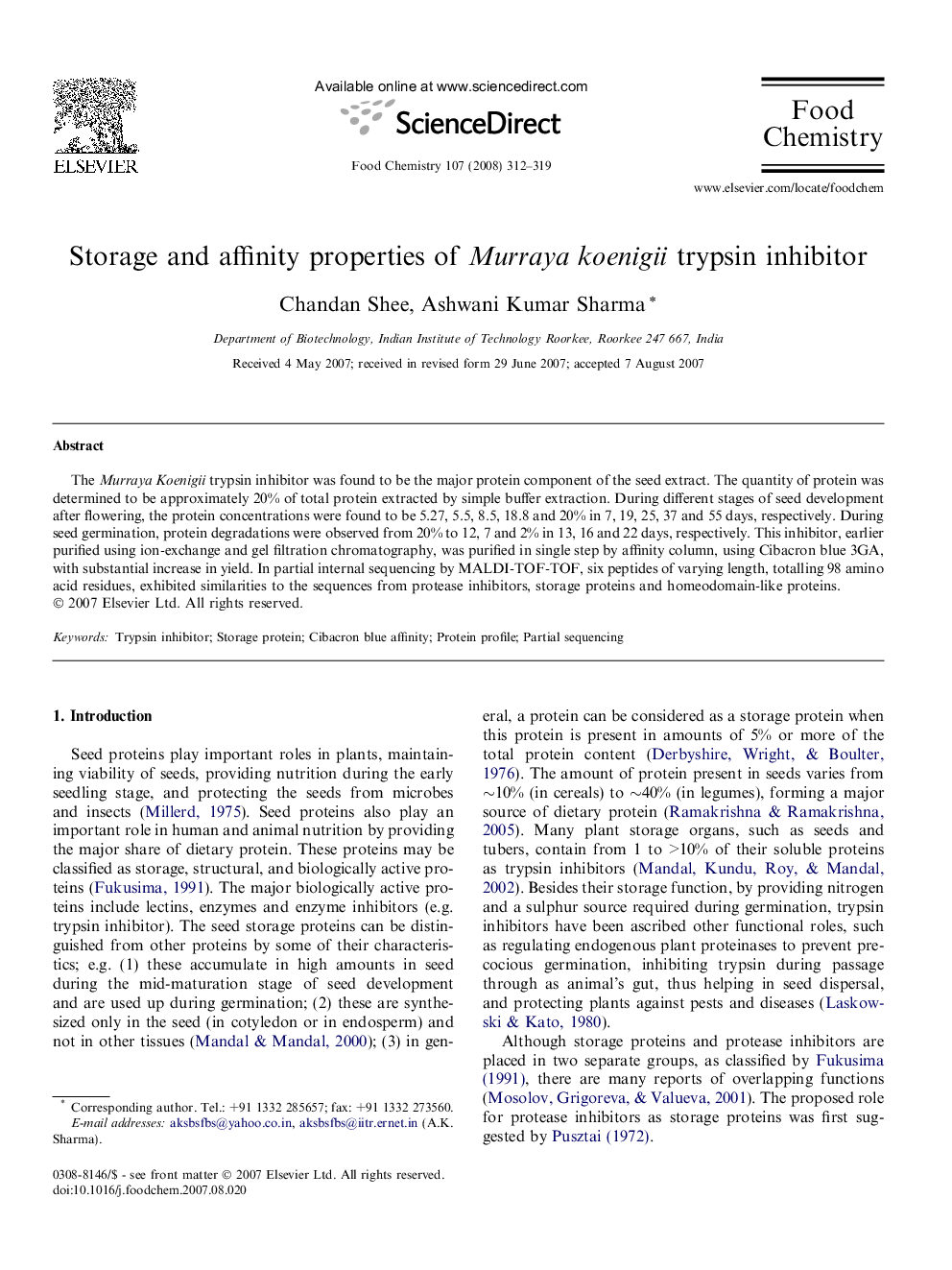 عکس صفحه اول مقاله: Storage and affinity properties of Murraya koenigii trypsin inhibitor Storage and affinity properties of Murraya koenigii trypsin inhibitor