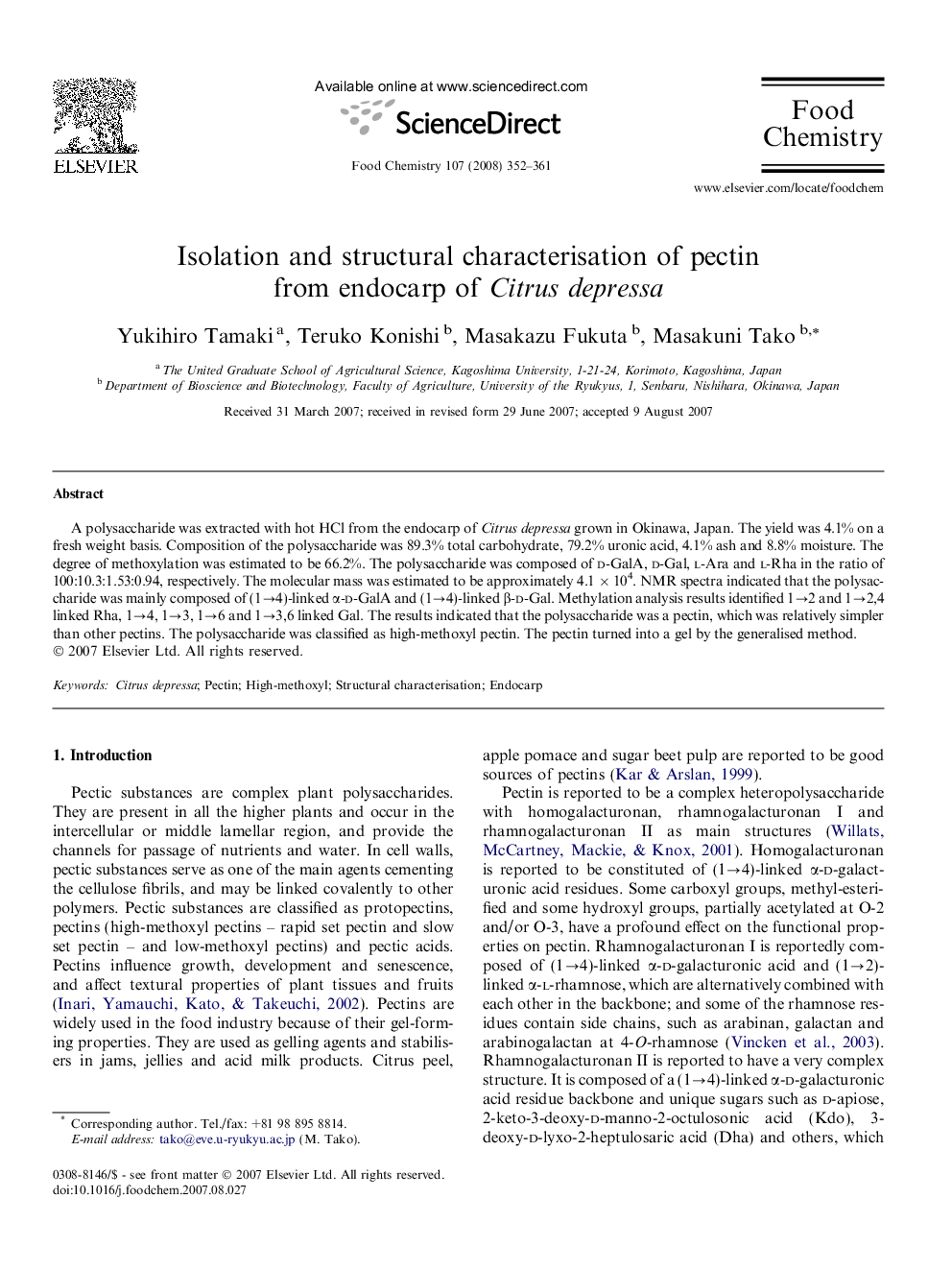 Isolation and structural characterisation of pectin from endocarp of Citrus depressa