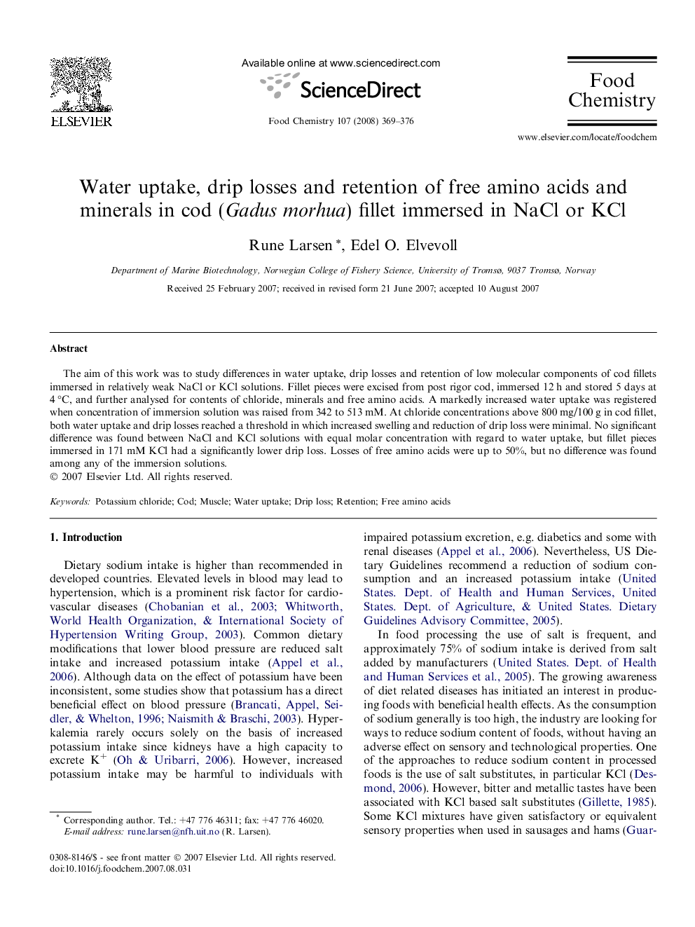 Water uptake, drip losses and retention of free amino acids and minerals in cod (Gadus morhua) fillet immersed in NaCl or KCl