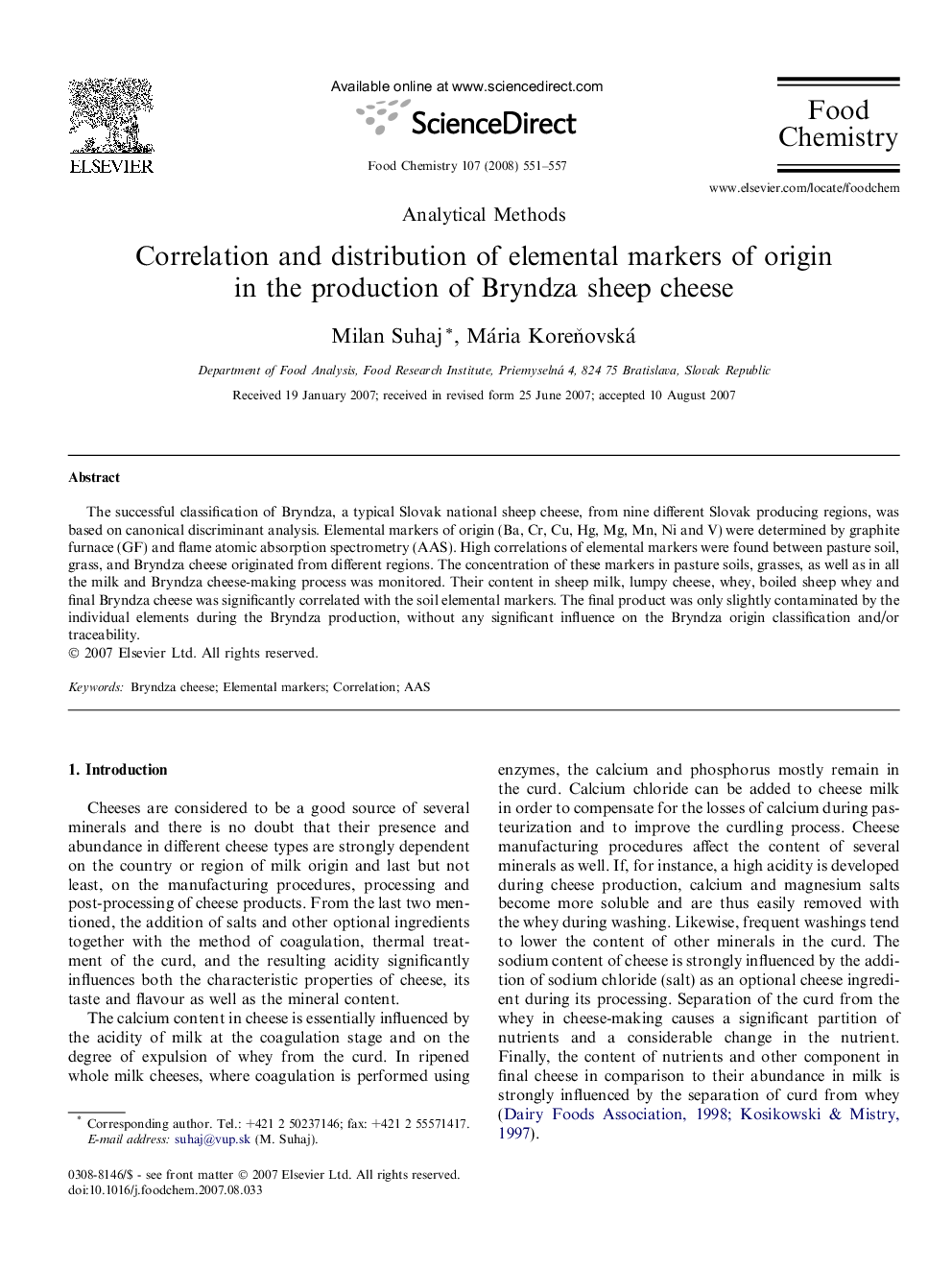 Correlation and distribution of elemental markers of origin in the production of Bryndza sheep cheese