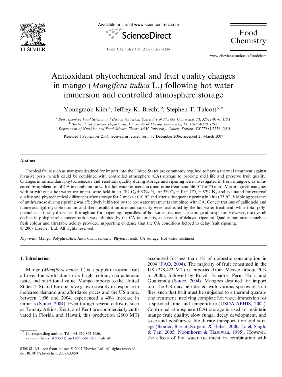 عکس صفحه اول مقاله: Antioxidant phytochemical and fruit quality changes in mango (Mangifera indica L.) following hot water immersion and controlled atmosphere storage Antioxidant phytochemical and fruit quality changes in mango (Mangifera indica L.) following hot water immersion and controlled atmosphere storage