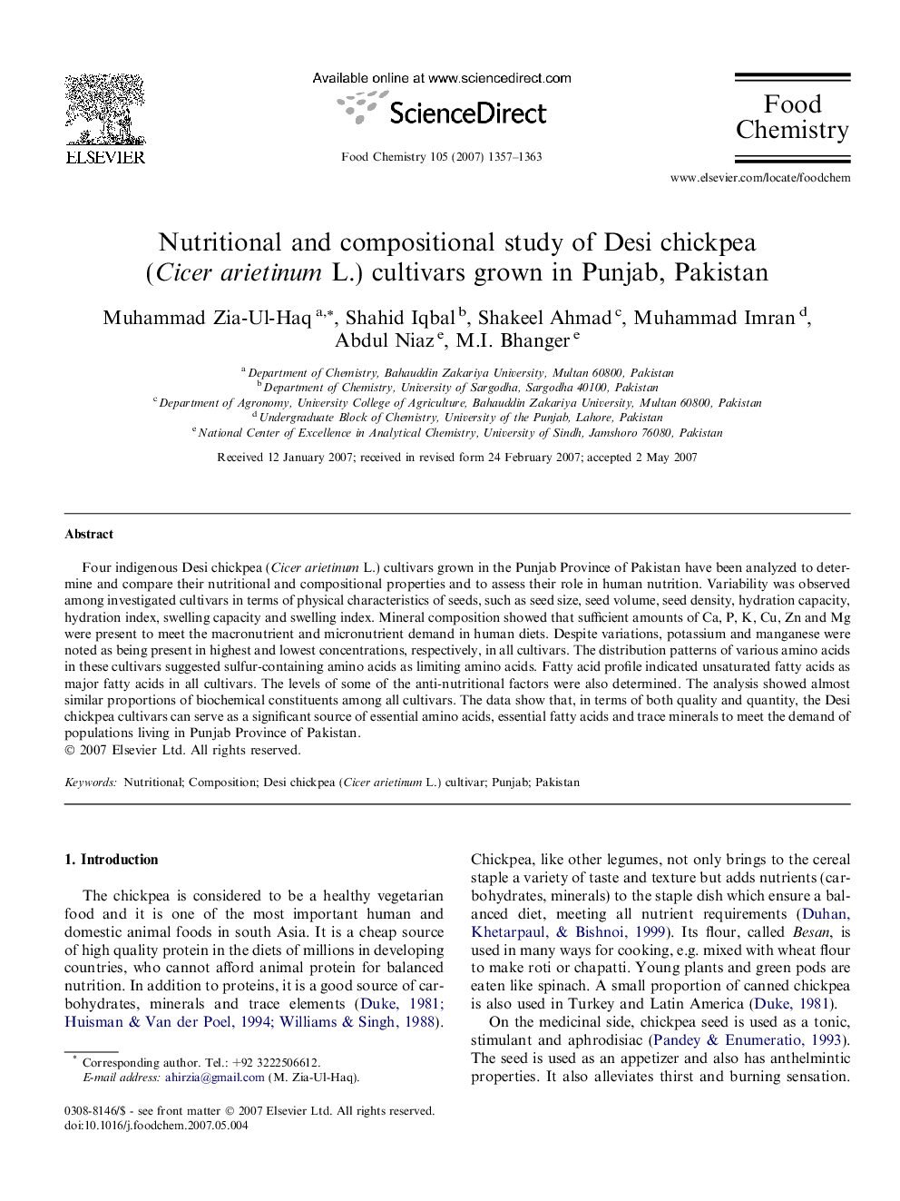 Nutritional and compositional study of Desi chickpea (Cicer arietinum L.) cultivars grown in Punjab, Pakistan