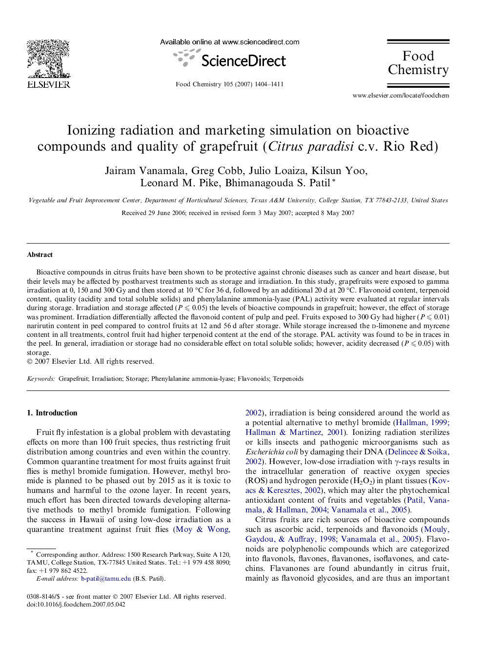 Ionizing radiation and marketing simulation on bioactive compounds and quality of grapefruit (Citrus paradisi c.v. Rio Red)