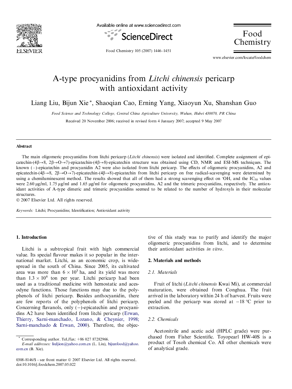 A-type procyanidins from Litchi chinensis pericarp with antioxidant activity