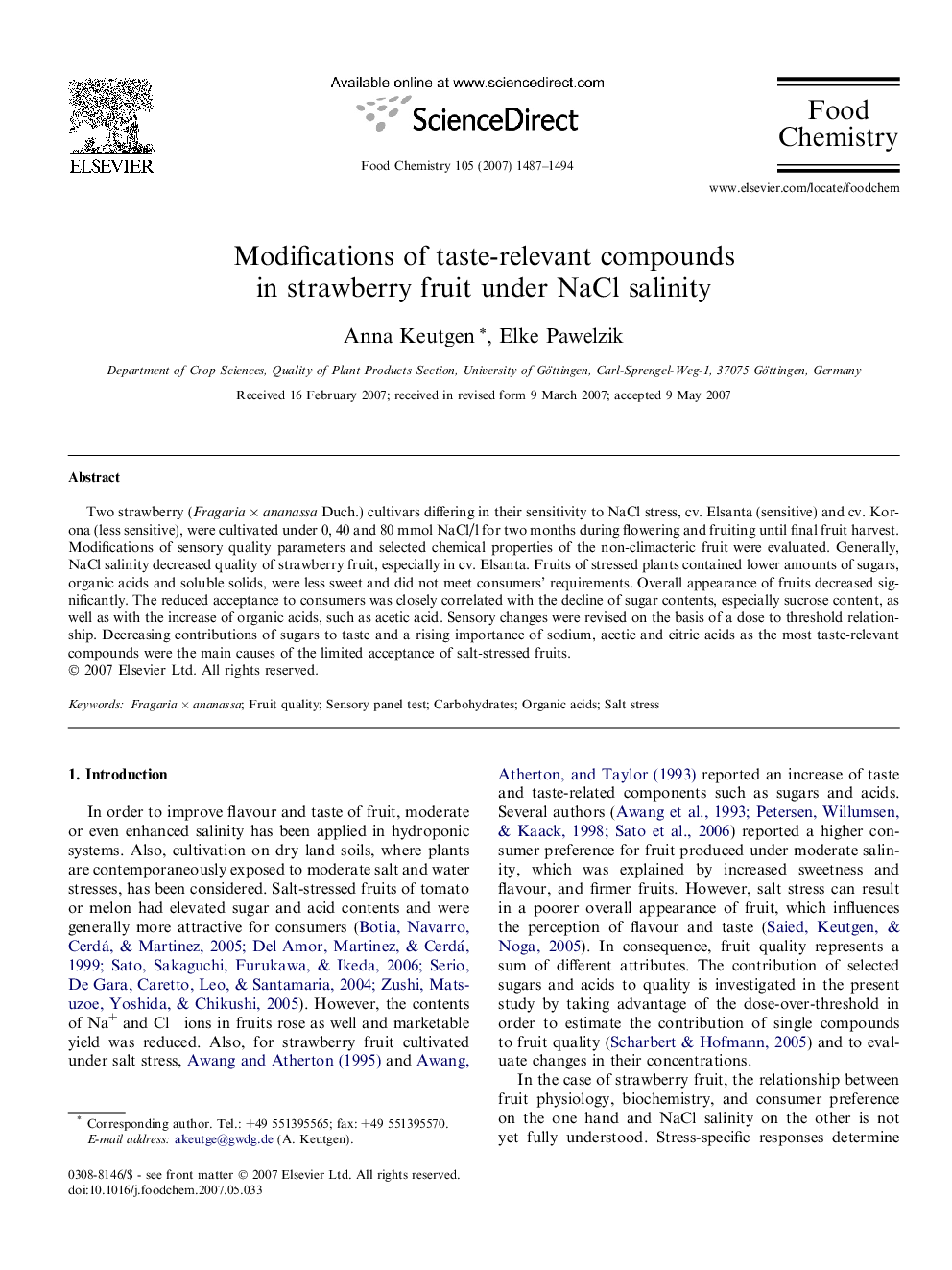 Modifications of taste-relevant compounds in strawberry fruit under NaCl salinity