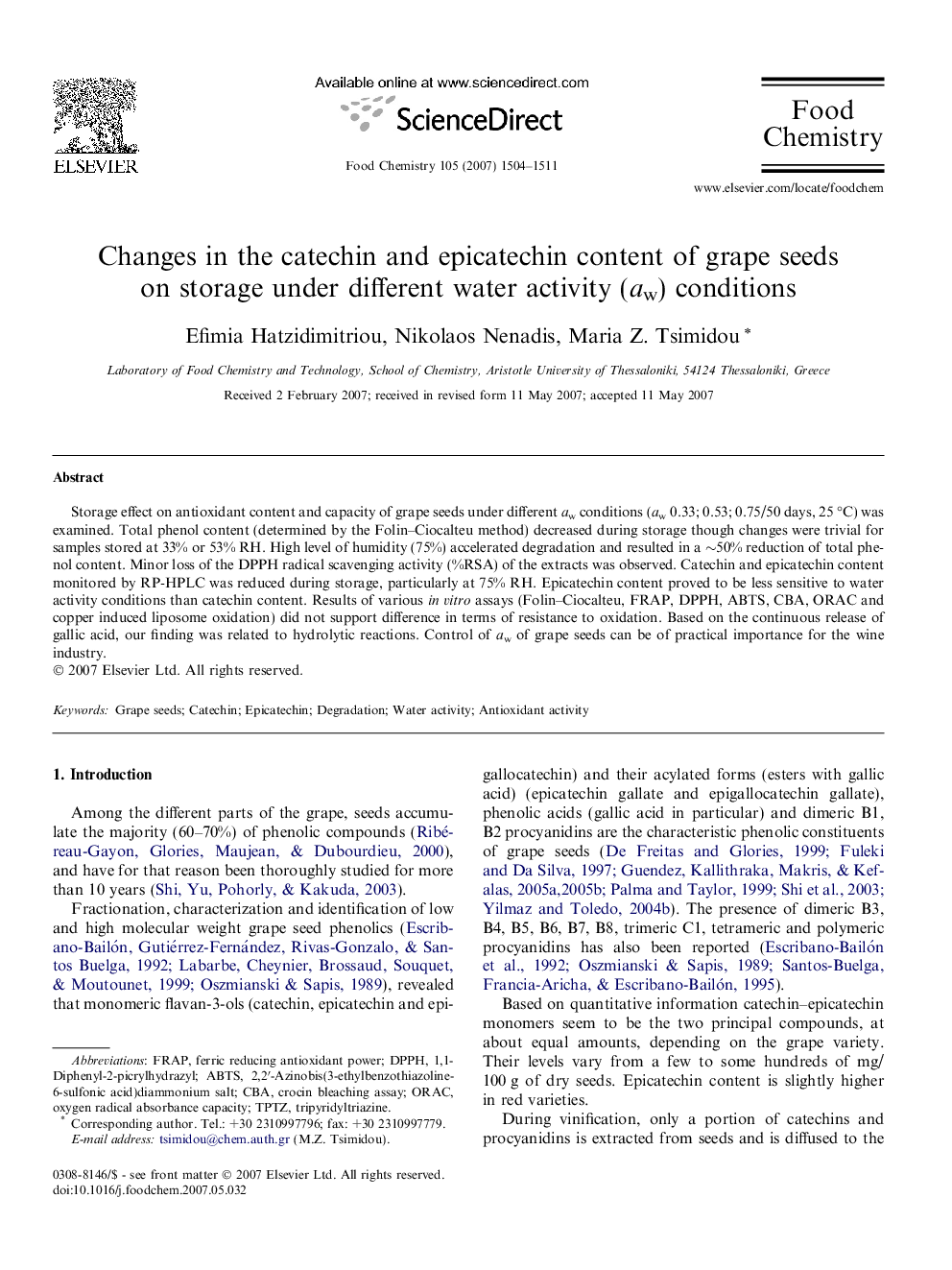 Changes in the catechin and epicatechin content of grape seeds on storage under different water activity (aw) conditions