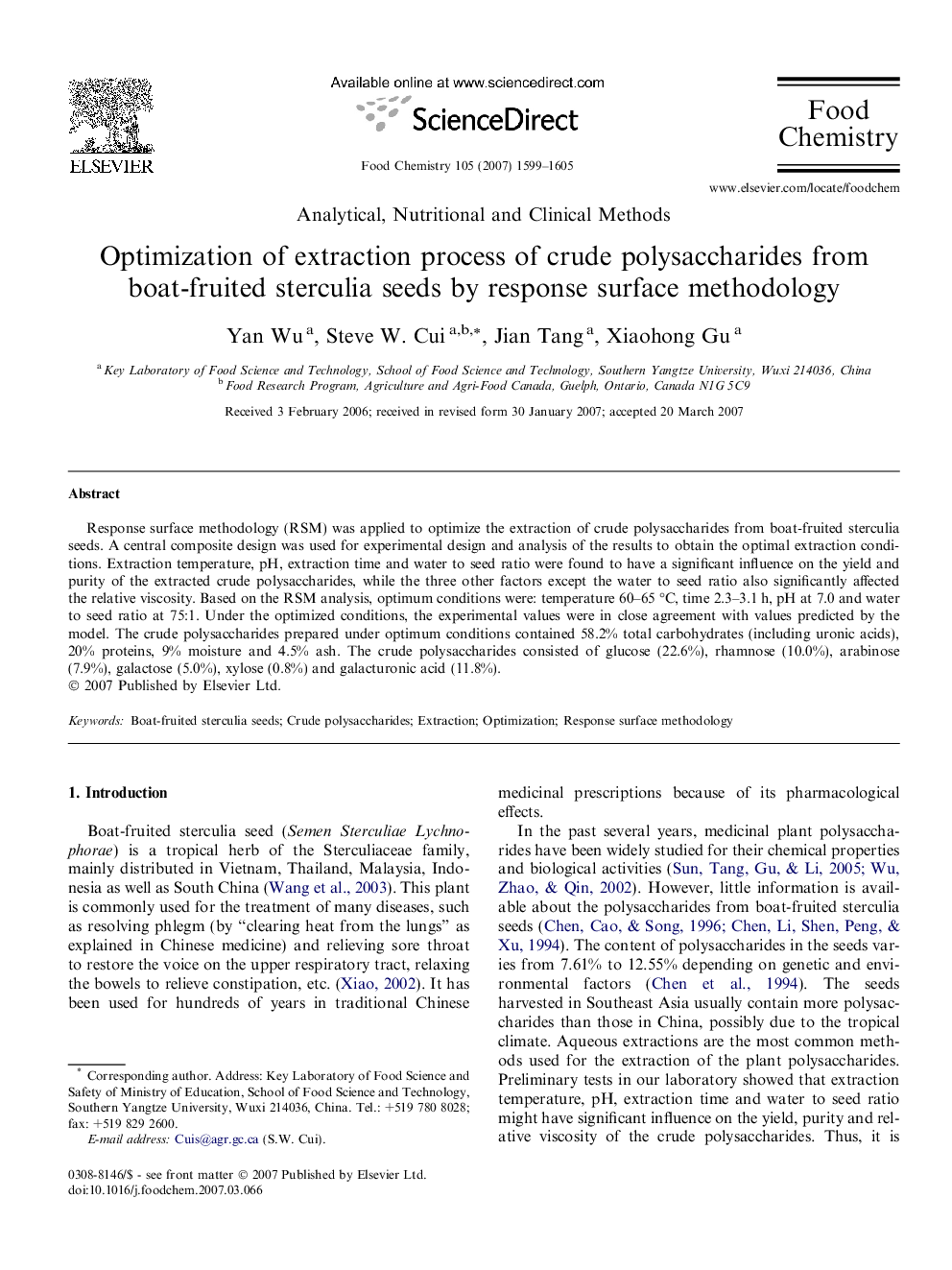 Optimization of extraction process of crude polysaccharides from boat-fruited sterculia seeds by response surface methodology