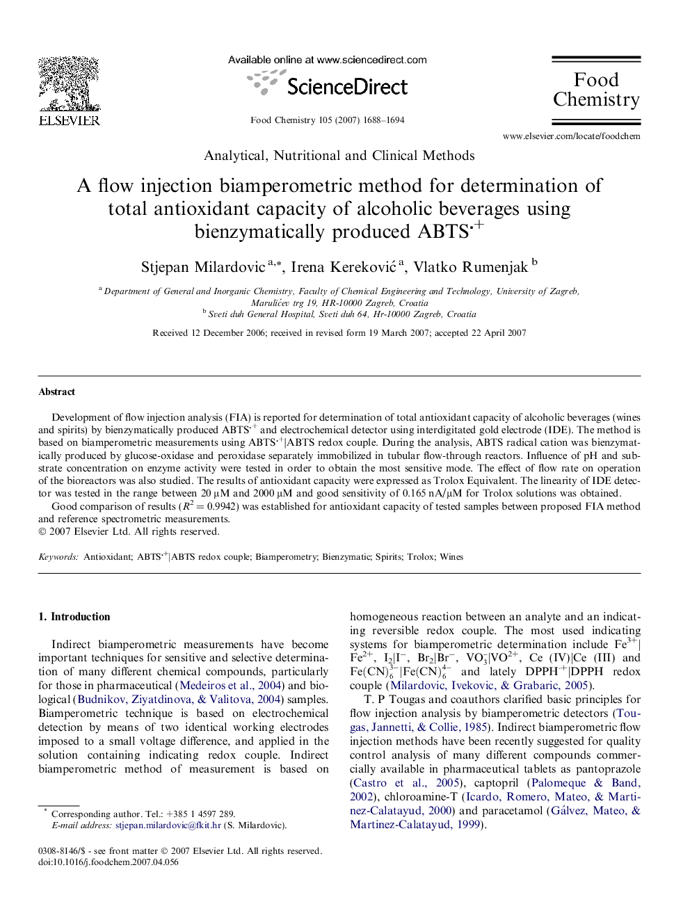 A flow injection biamperometric method for determination of total antioxidant capacity of alcoholic beverages using bienzymatically produced ABTS+