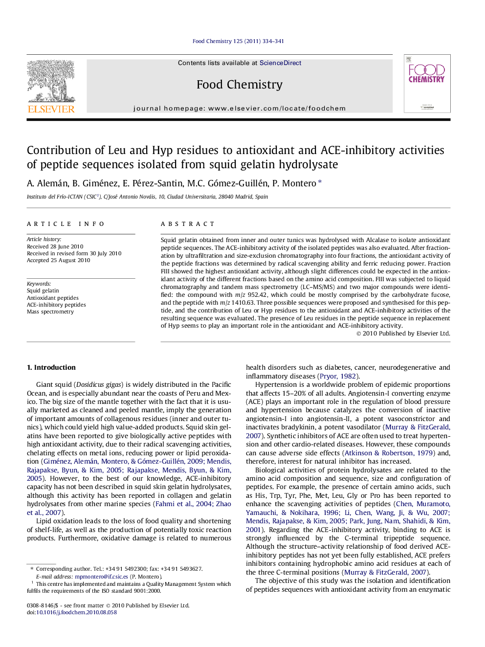 Contribution of Leu and Hyp residues to antioxidant and ACE-inhibitory activities of peptide sequences isolated from squid gelatin hydrolysate