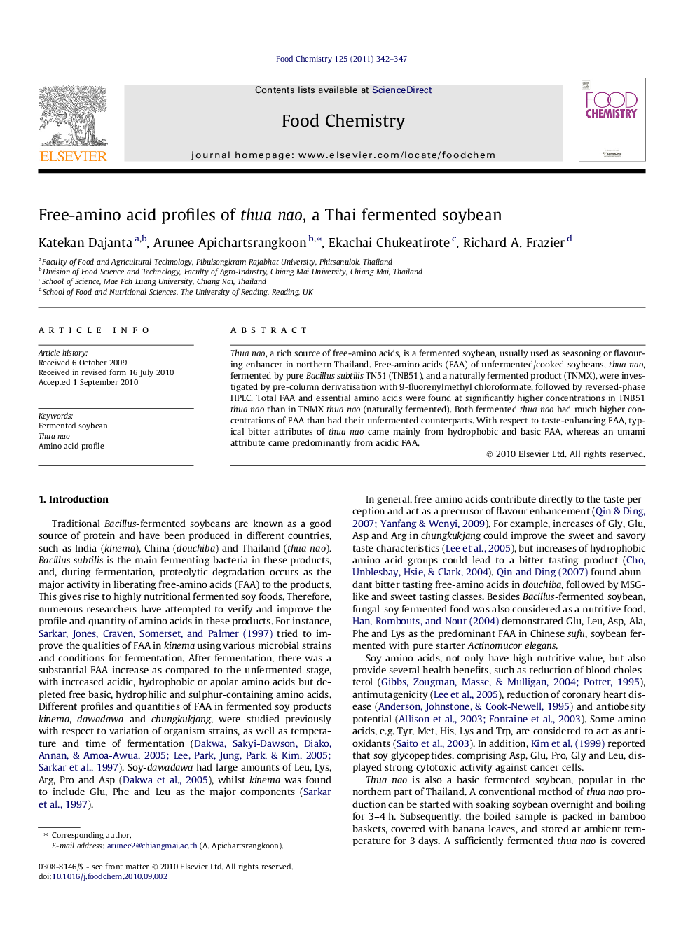 Free-amino acid profiles of thua nao, a Thai fermented soybean