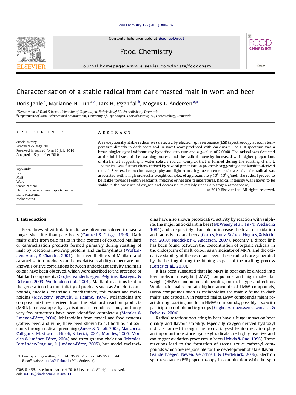 Characterisation of a stable radical from dark roasted malt in wort and beer