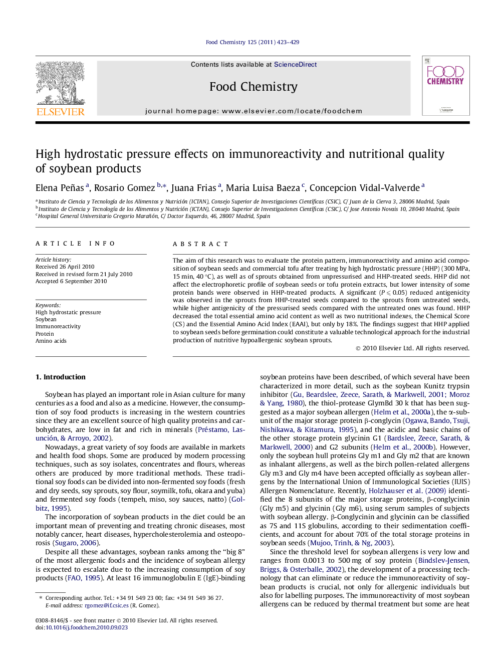 High hydrostatic pressure effects on immunoreactivity and nutritional quality of soybean products