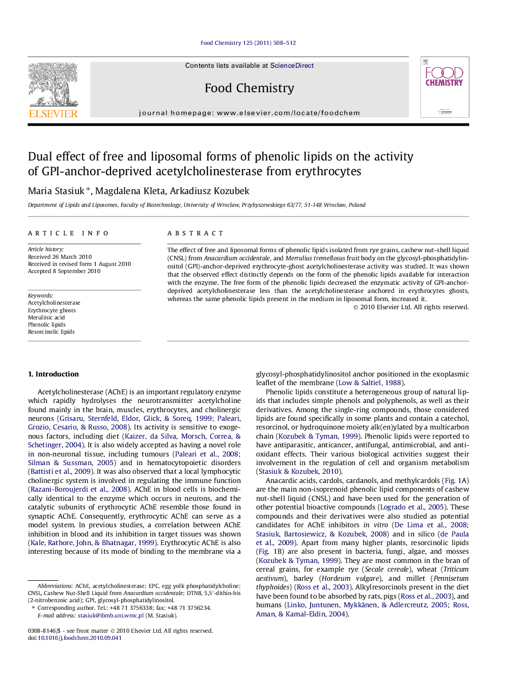 Dual effect of free and liposomal forms of phenolic lipids on the activity of GPI-anchor-deprived acetylcholinesterase from erythrocytes