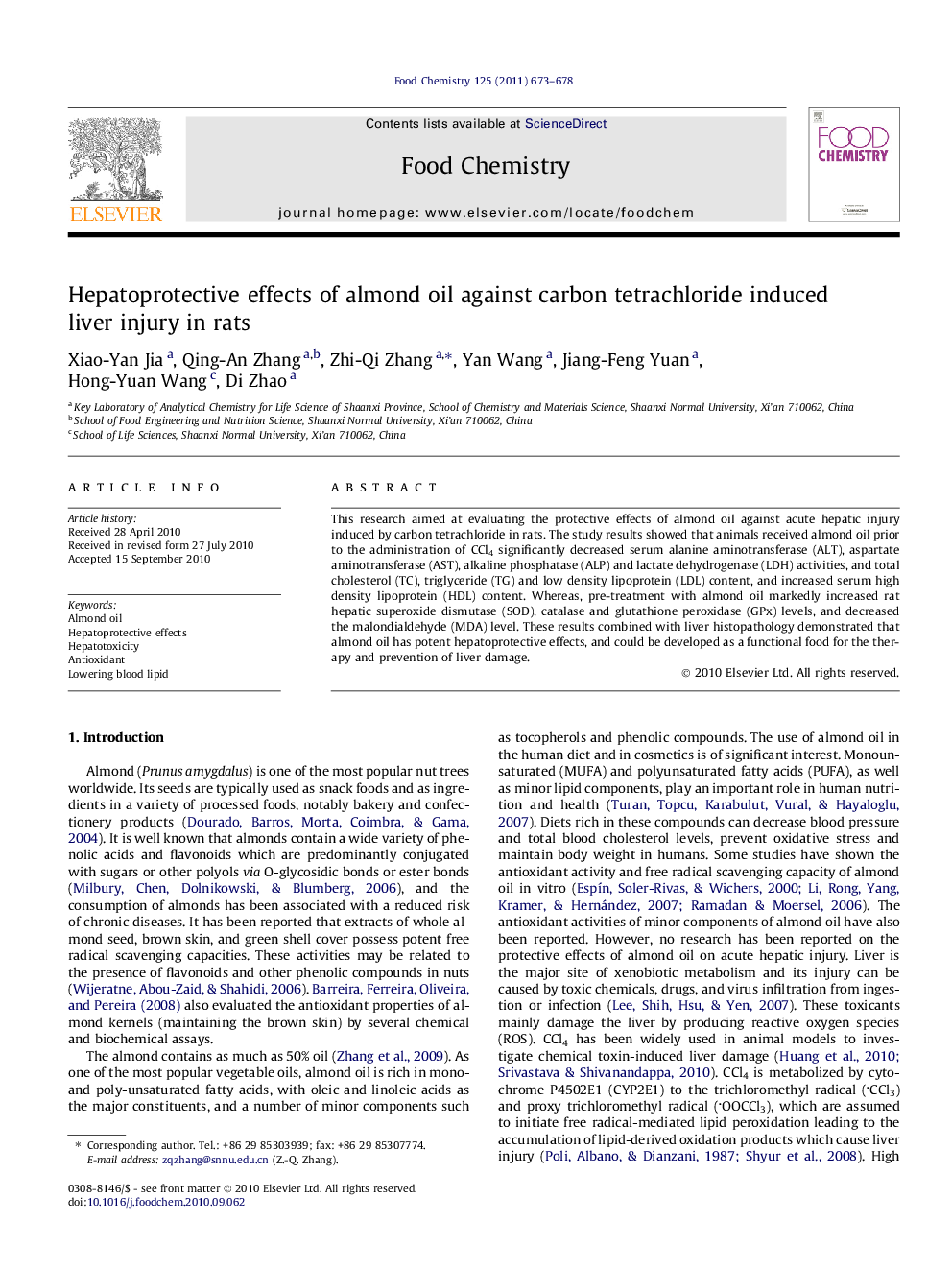 Hepatoprotective effects of almond oil against carbon tetrachloride induced liver injury in rats