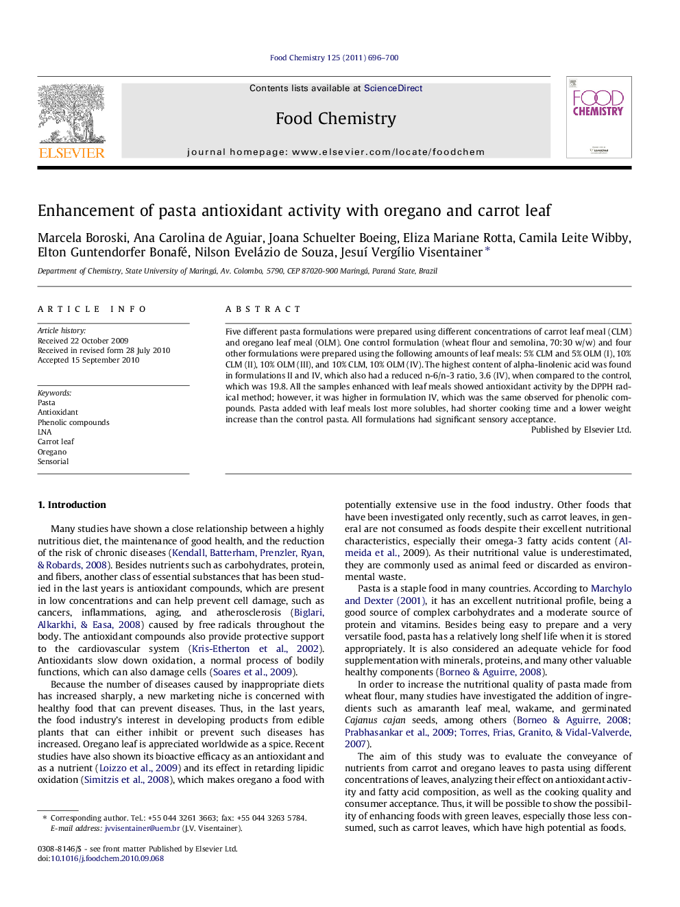 Enhancement of pasta antioxidant activity with oregano and carrot leaf