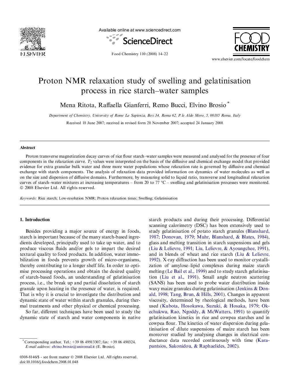 Proton NMR relaxation study of swelling and gelatinisation process in rice starch–water samples