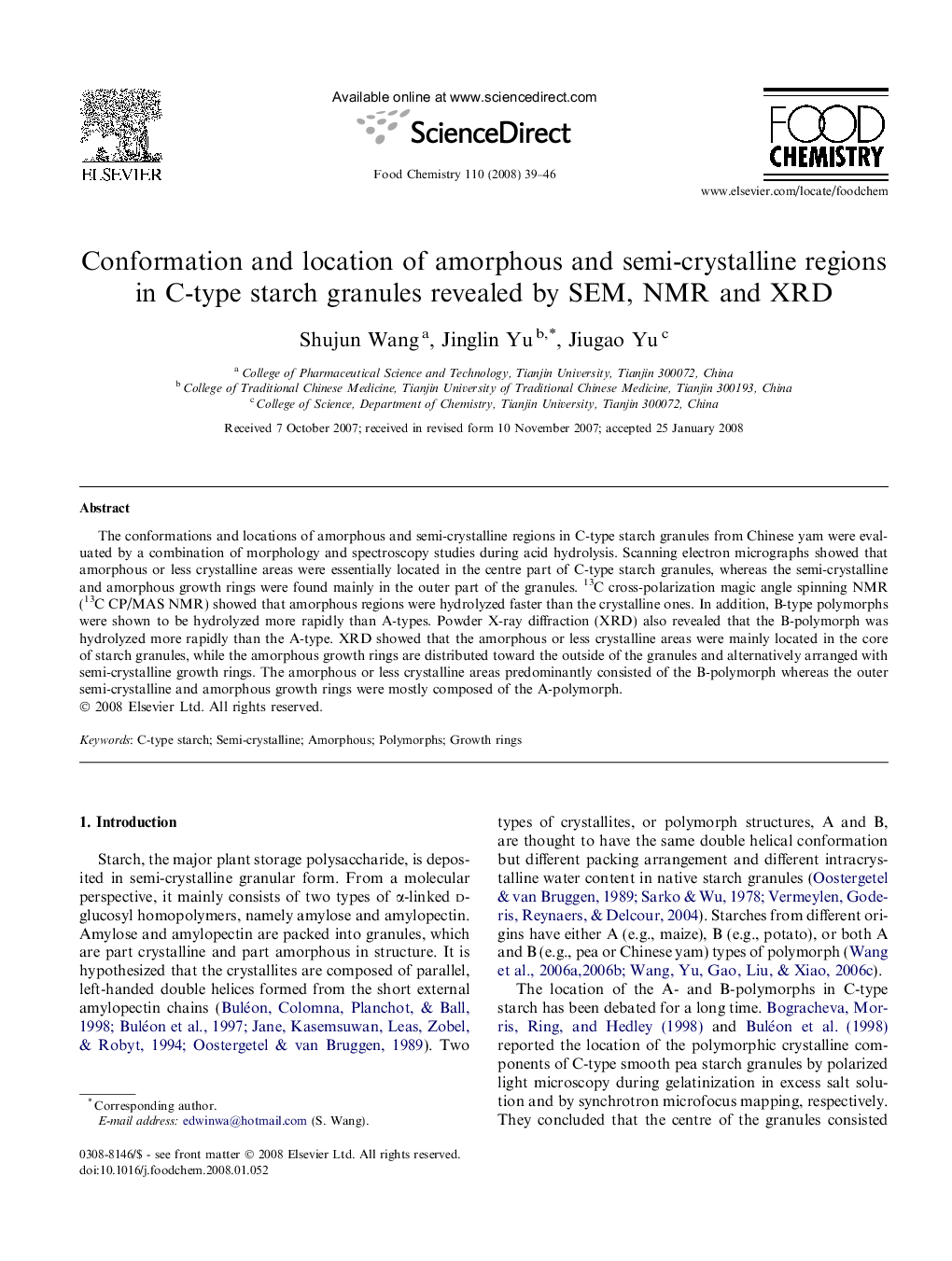 Conformation and location of amorphous and semi-crystalline regions in C-type starch granules revealed by SEM, NMR and XRD